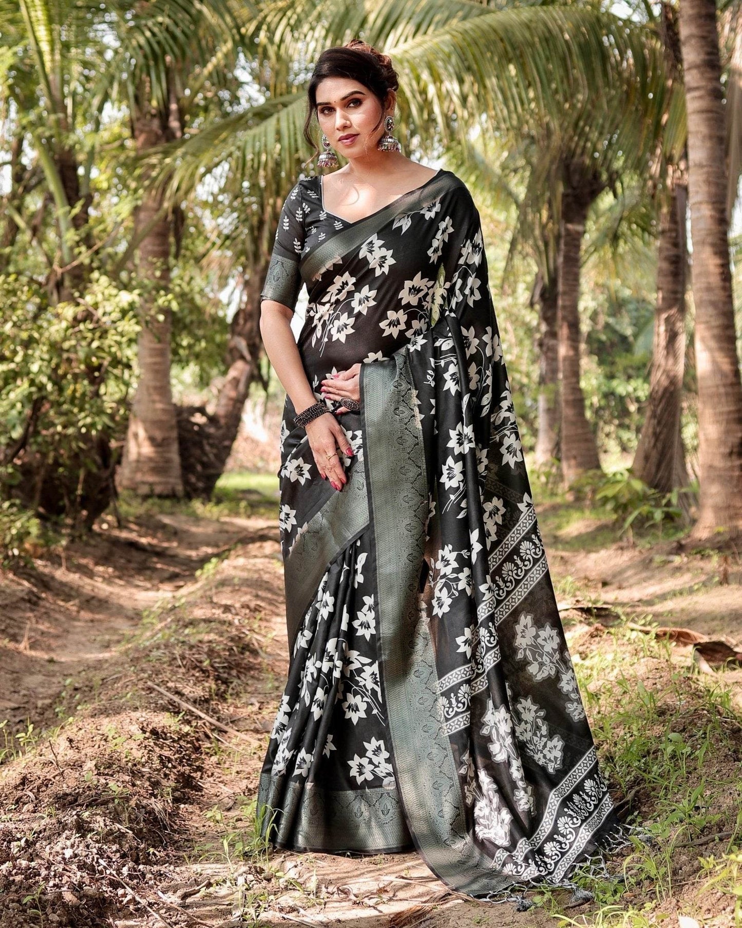 Elegant Black Tussar Silk Saree with Zari Embellished Border and Bold Floral Pallu - SEEANS