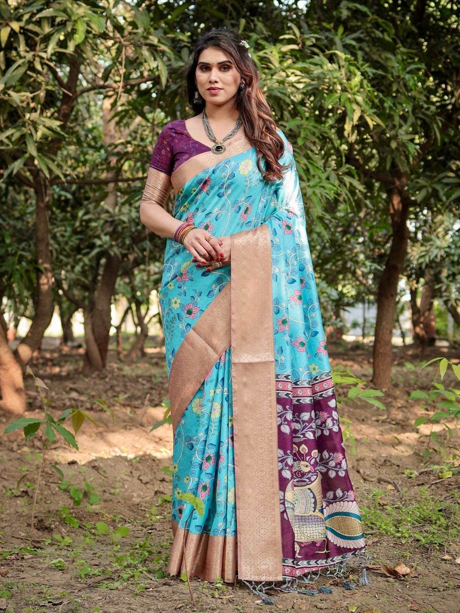 Aqua Blue Tussar Silk Saree with Floral Vine Design and Gold Zari Border - SEEANS