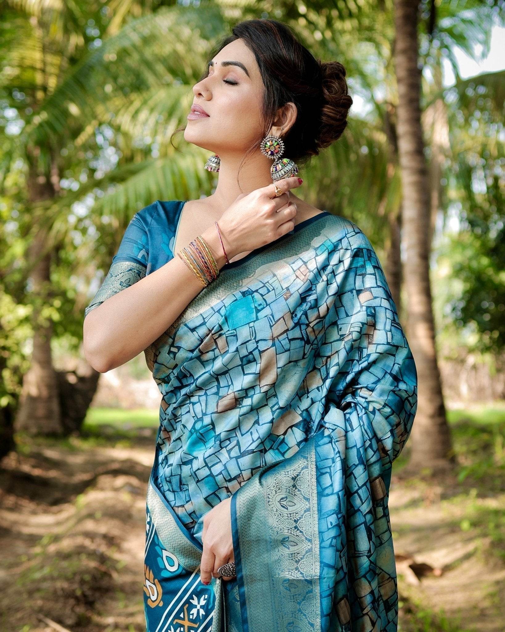 Mesmerizing Blue Tussar Silk Saree with Golden Zari Border and Mosaic-Inspired Pallu Design - SEEANS