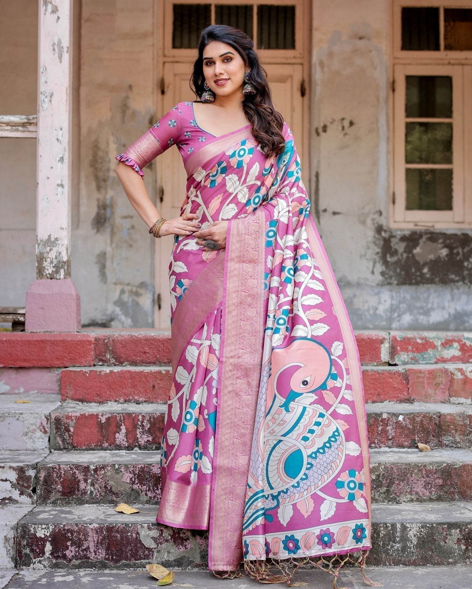 Blush Pink Tussar Silk Saree with Elegant Peacock and Floral Kalamkari Design - SEEANS