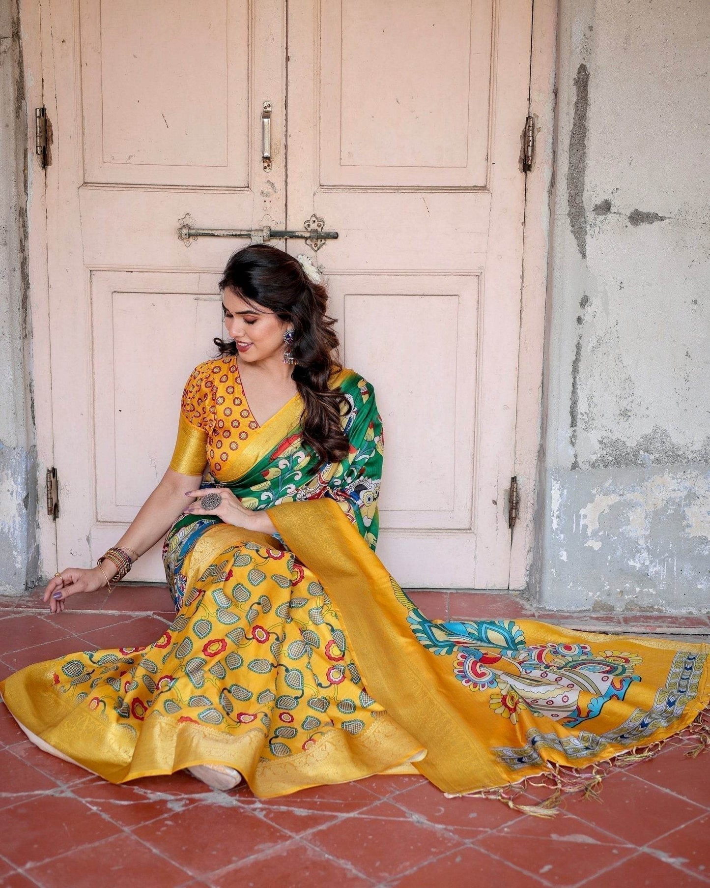 Golden Yellow Tussar Silk Saree with Vibrant Peacock Kalamkari Motifs - SEEANS