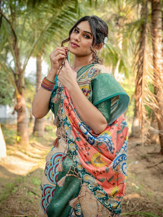 Elegant Tussar Silk Saree in Beige and Coral with Madhubani Pallu and Zari Accents - SEEANS