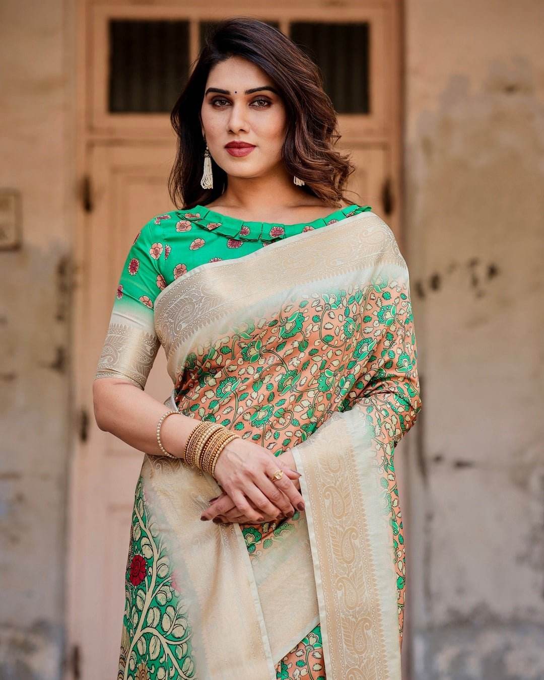 Emerald Green and Gold Tussar Silk Saree with Floral and Ornamental Motifs - SEEANS