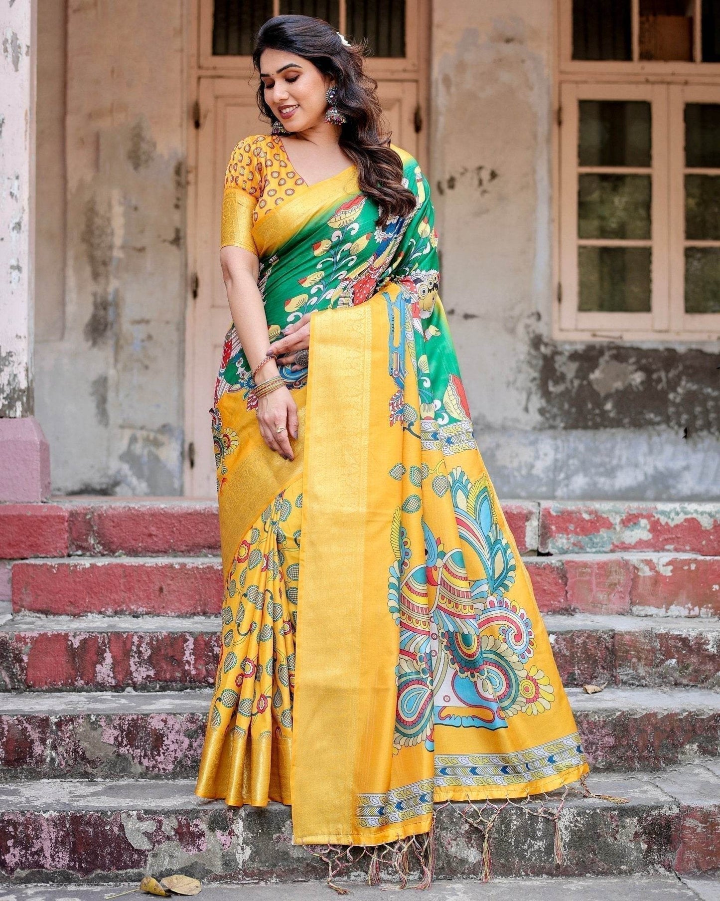 Golden Yellow Tussar Silk Saree with Vibrant Peacock Kalamkari Motifs - SEEANS