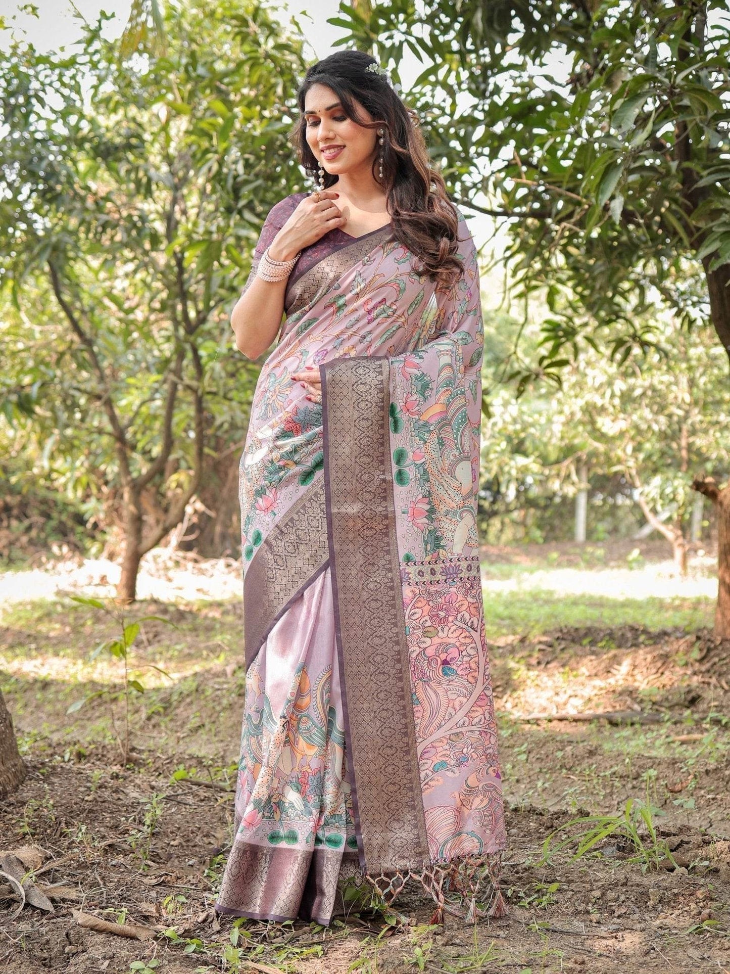 Lilac and Purple Digital Print Tussar Silk Saree with Zari Diamond Border and Lotus Motif Pallu - SEEANS