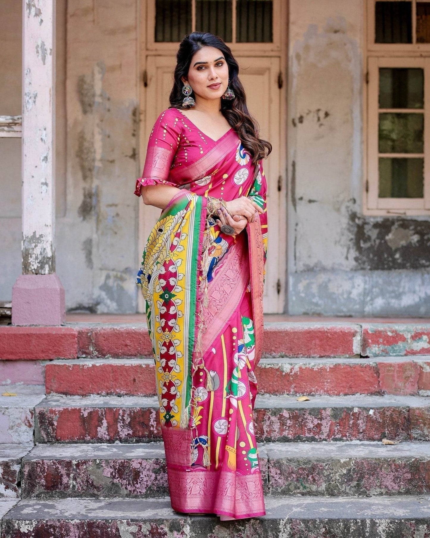 Magenta Tussar Silk Saree with Artistic Peacock & Floral Kalamkari Design - SEEANS