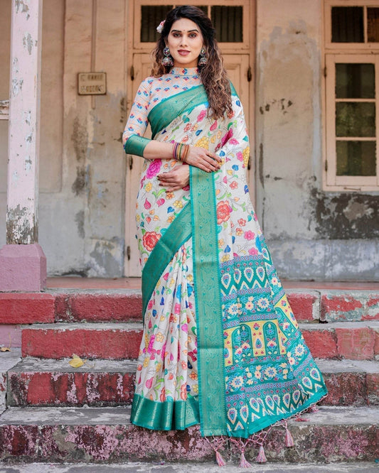 Elegant Multicolor Floral Digital Print Saree with Ornate Green Border and Artistic Pallu - SEEANS