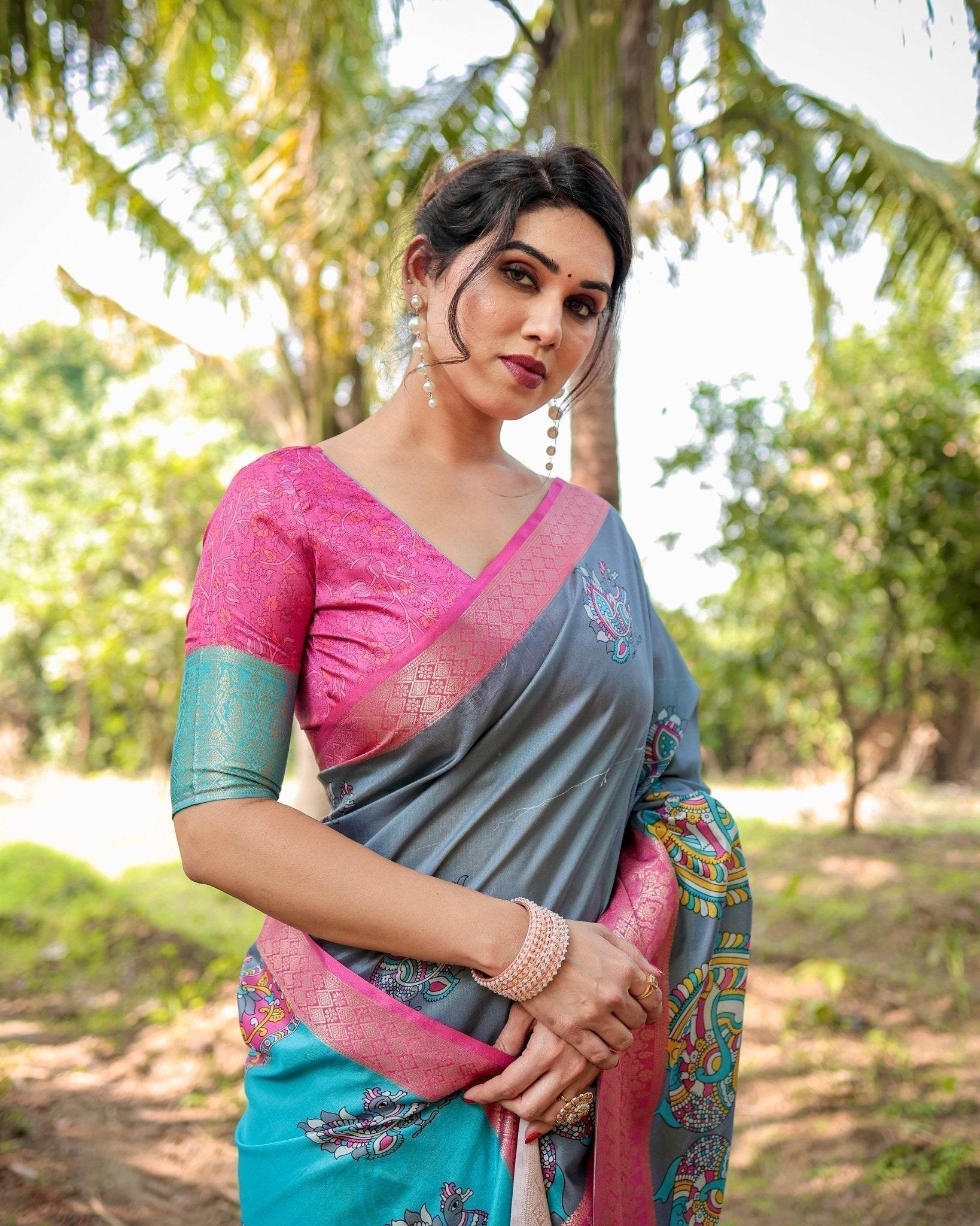 Pastel Grey and Turquoise Digital Print Tussar Silk Saree with Pink Zari Border and Peacock Motif Pallu - SEEANS