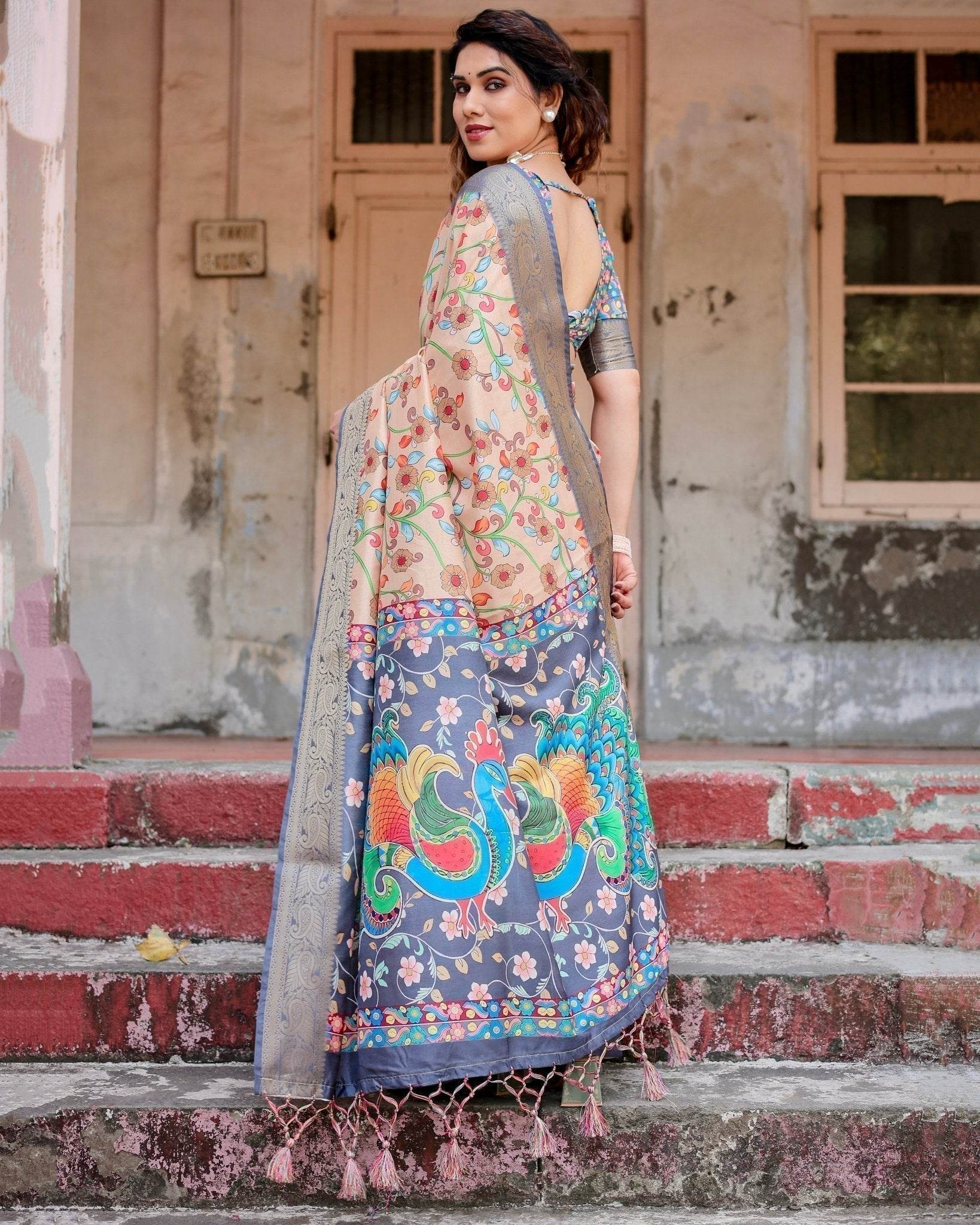 Peach and Navy Blue Floral Saree with Vibrant Peacock Pallu and Tassel Detailing - SEEANS