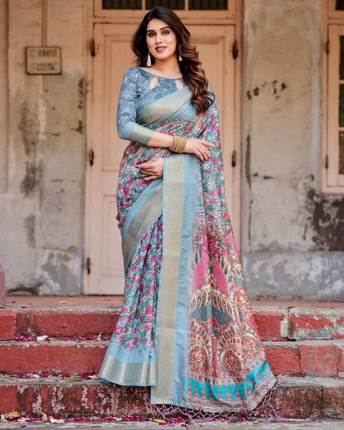 Sky Blue Tussar Silk Saree with Floral Weaves and Ornamental Pallu Design - SEEANS