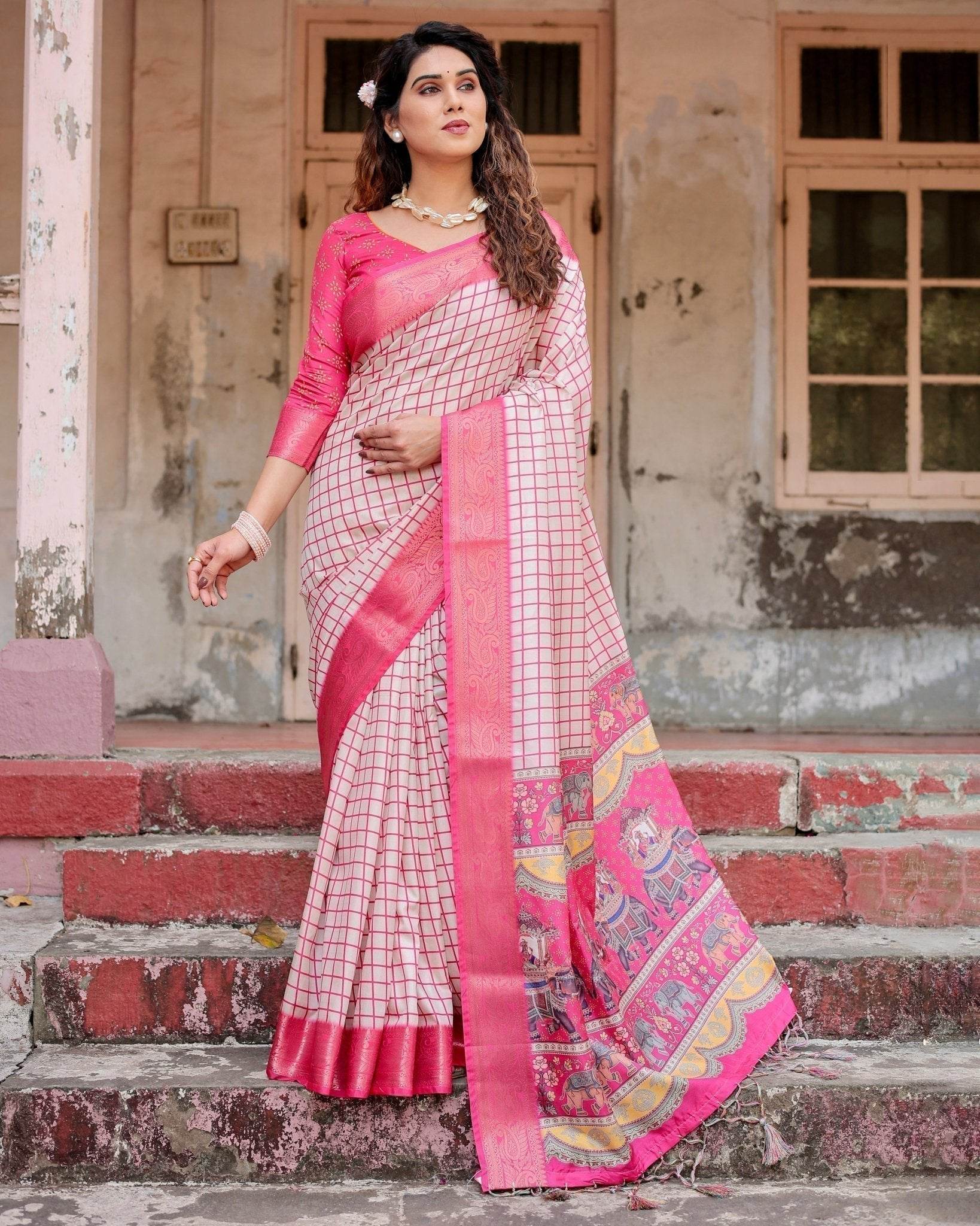 Pink and Ivory Tussar Silk Saree with Golden Zari Border and Majestic Elephant Motif Pallu - SEEANS