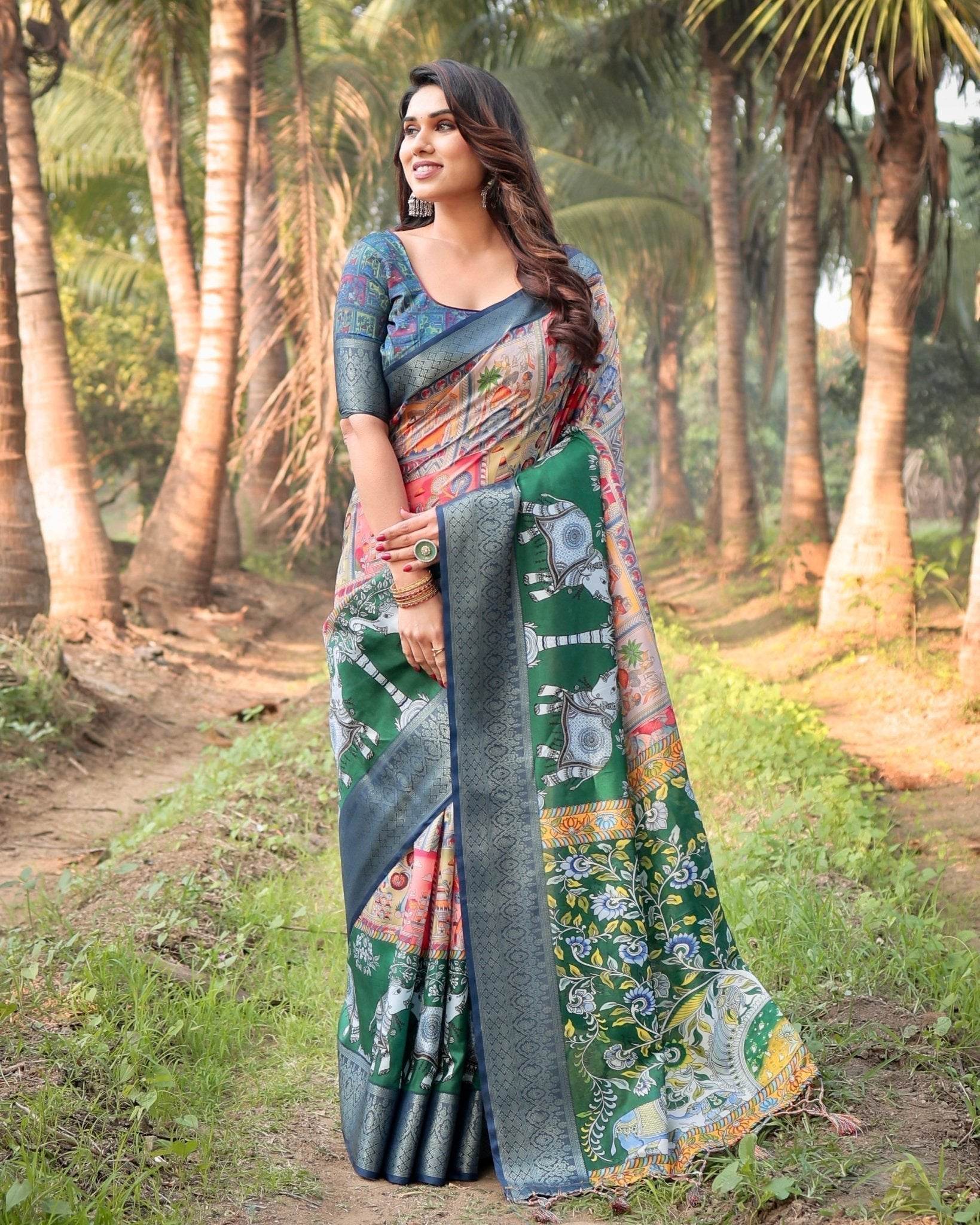 Multicolored Digital Print Tussar Silk Saree with Intricate Zari Border and Elephant Motif Pallu - SEEANS