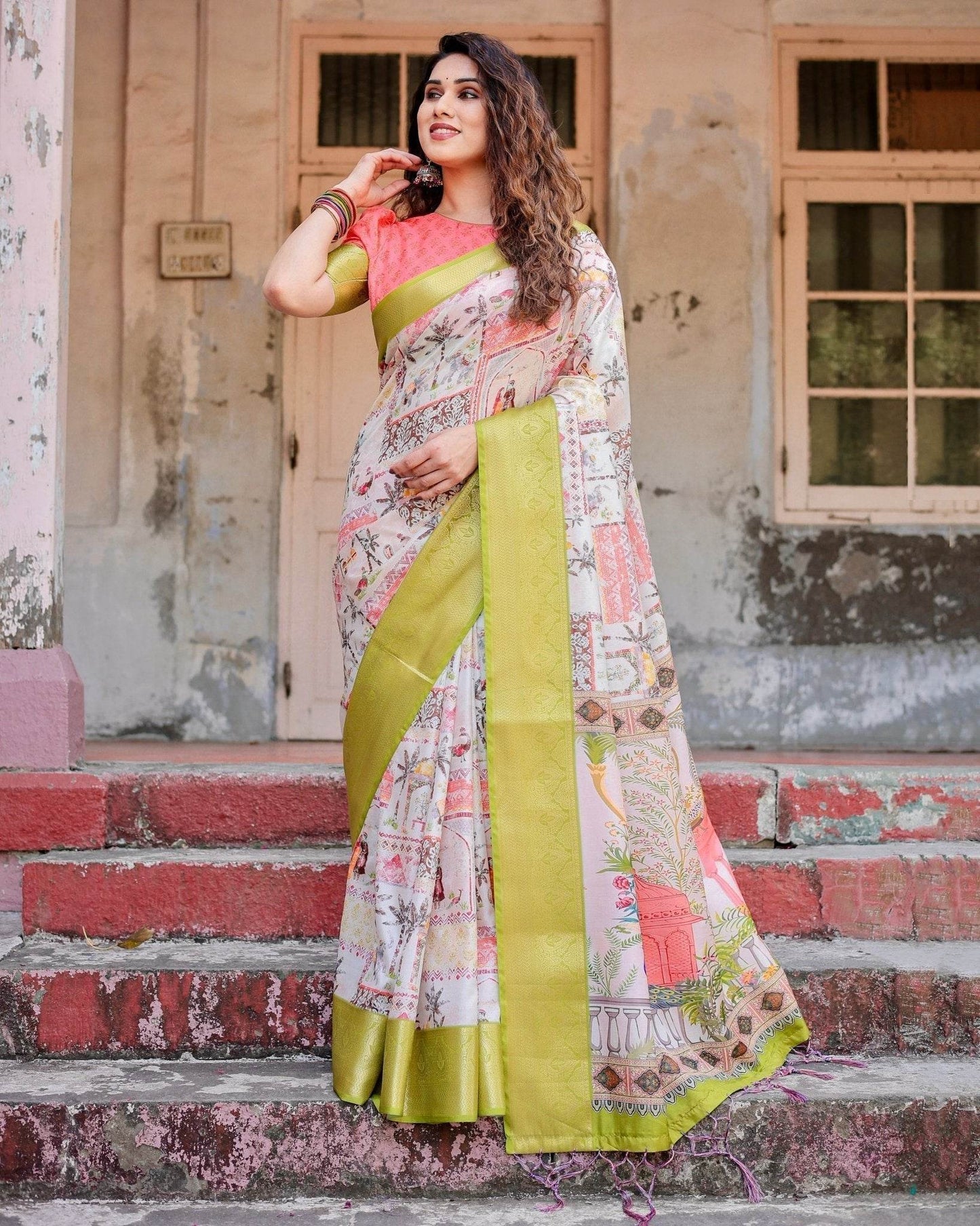 Pastel Tussar Silk Saree with Lime Green Zari Border and Hand-Painted Heritage Designs - SEEANS