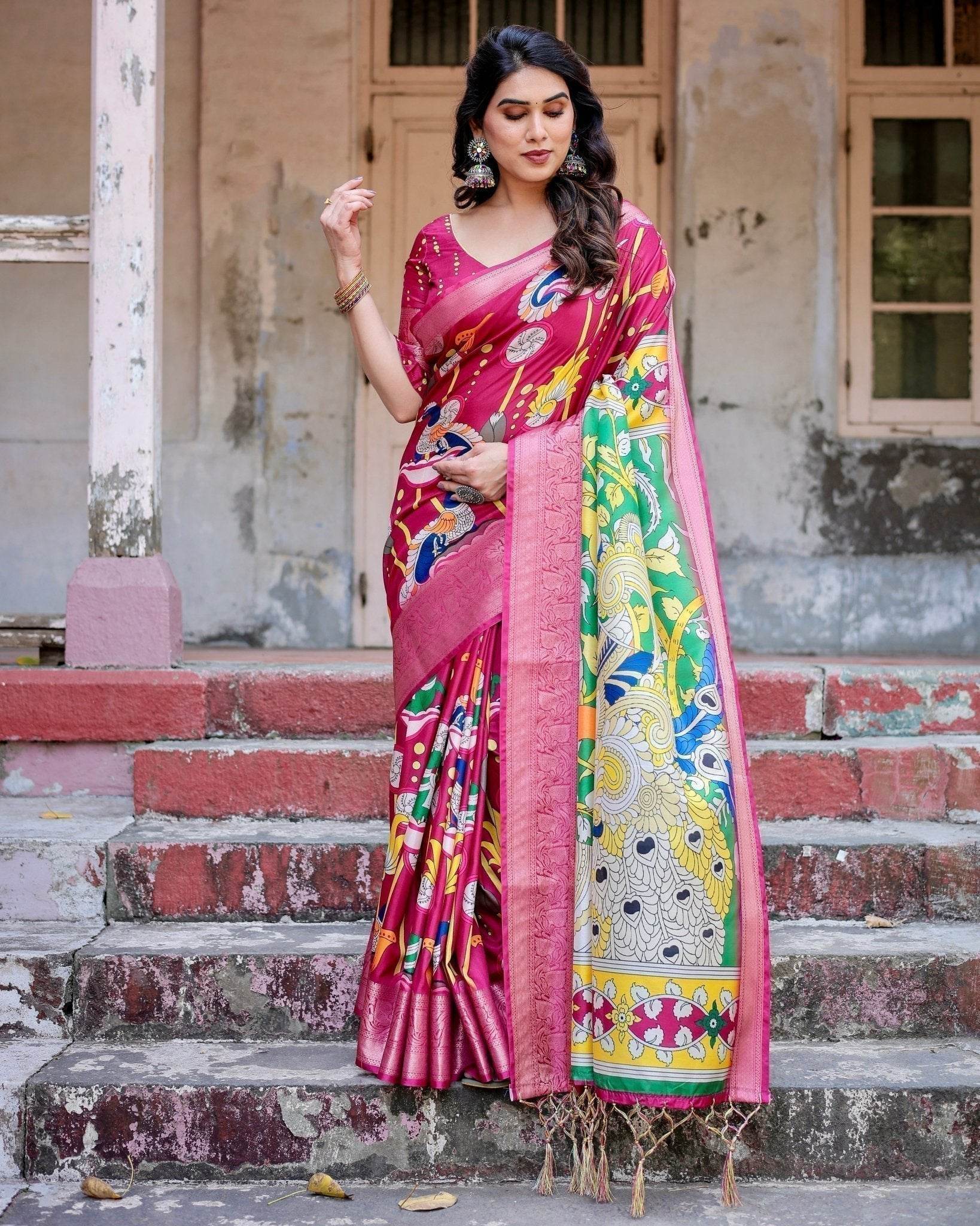 Magenta Tussar Silk Saree with Artistic Peacock & Floral Kalamkari Design - SEEANS