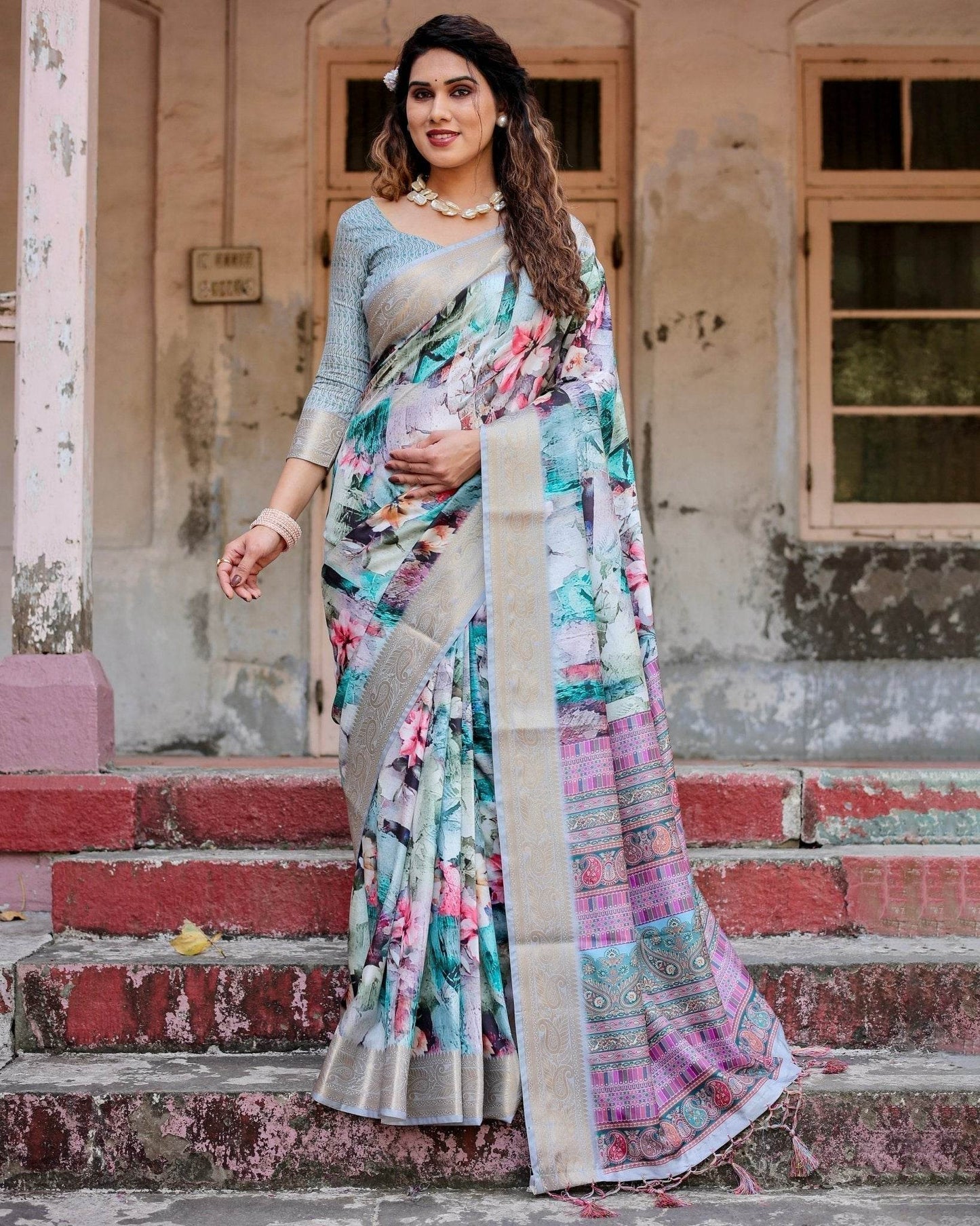 Graceful Floral Digital Print Saree with Gold Paisley Border and Multicolor Pallu - SEEANS