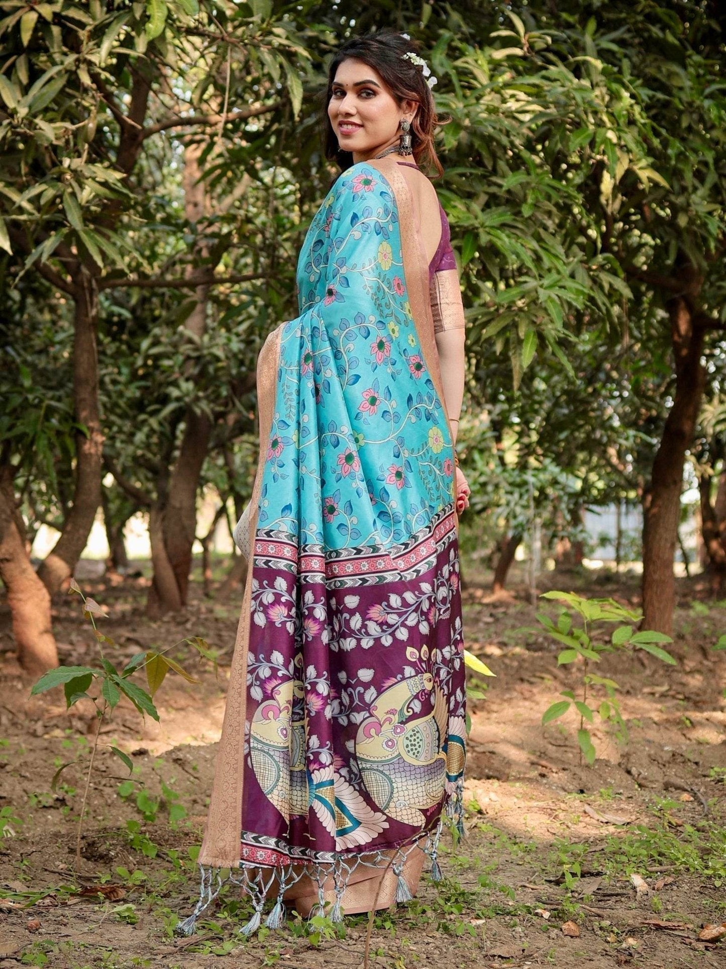 Aqua Blue Tussar Silk Saree with Floral Vine Design and Gold Zari Border - SEEANS