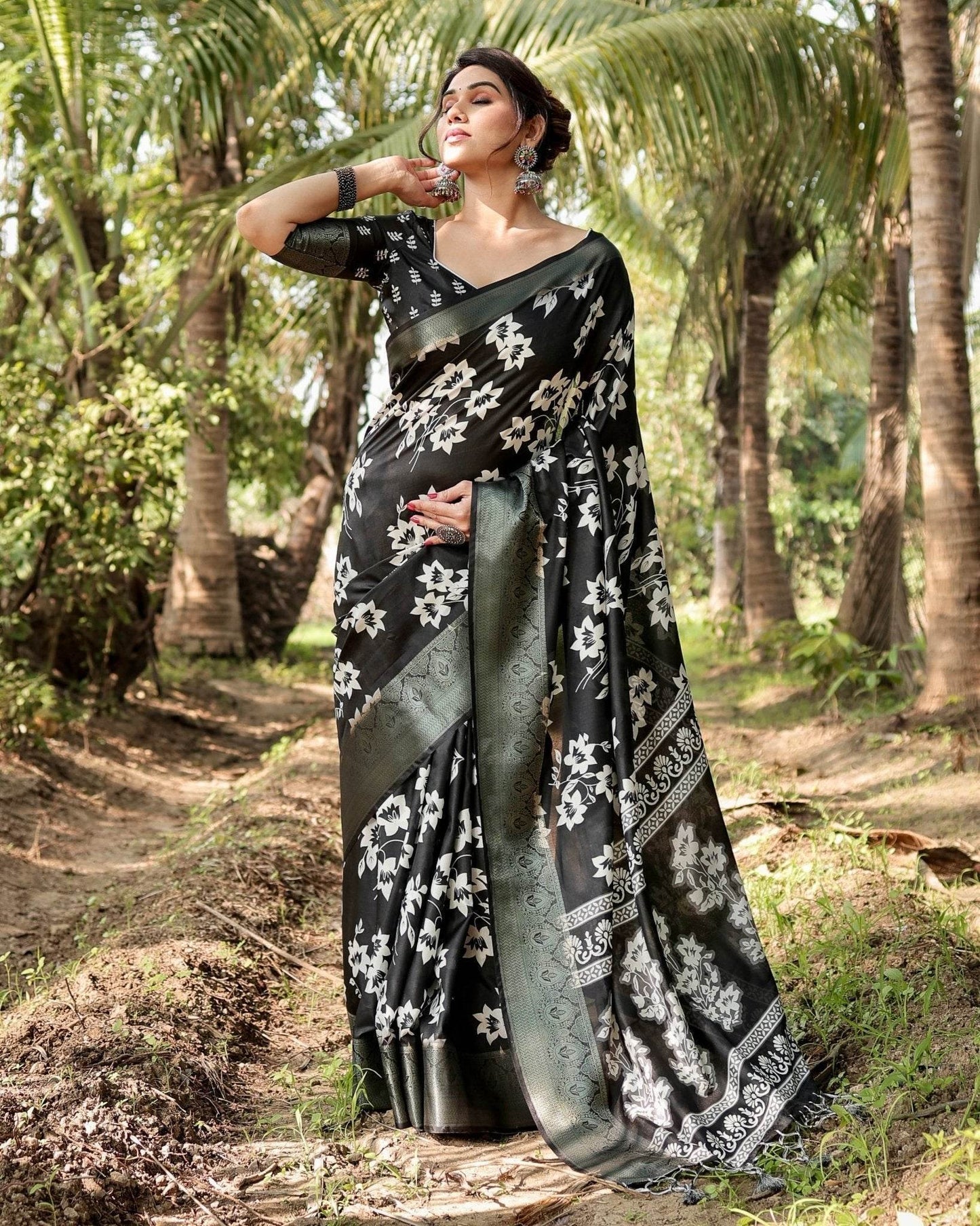 Elegant Black Tussar Silk Saree with Zari Embellished Border and Bold Floral Pallu - SEEANS