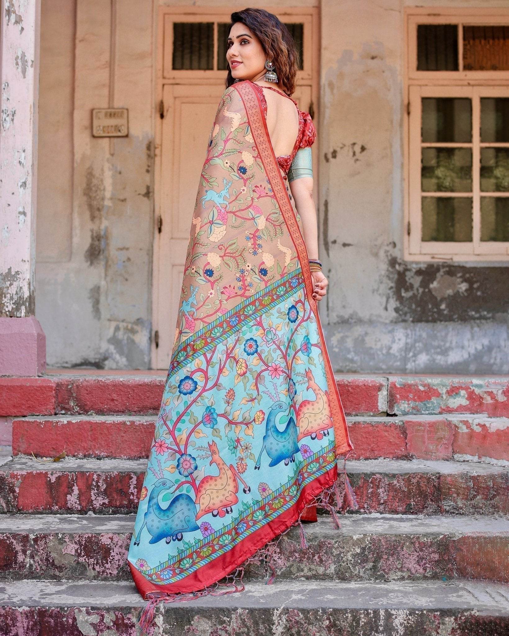 Beige Tussar Silk Saree with Vibrant Multicolor Floral Prints and Red Zari Border - SEEANS