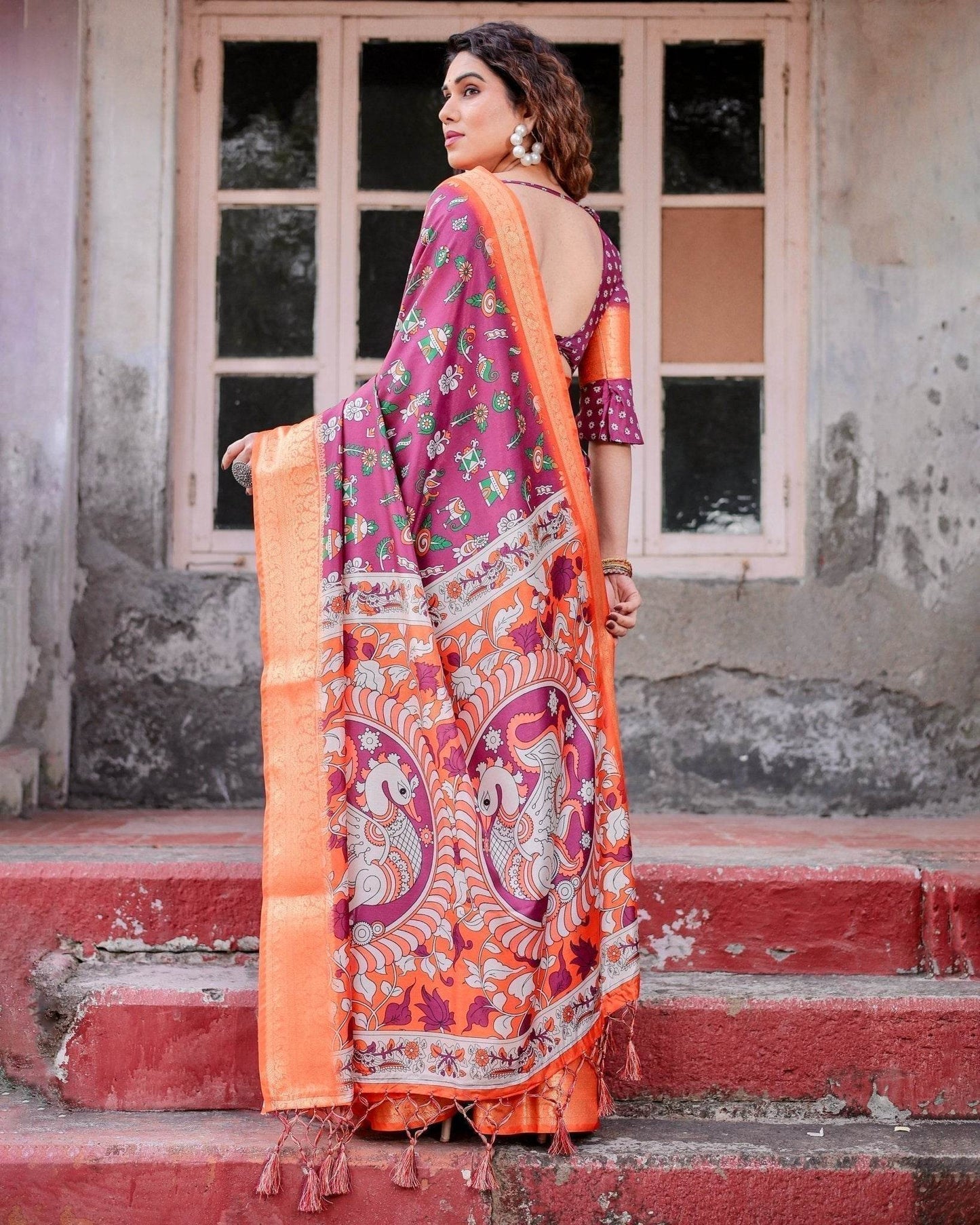 Wine Purple and Orange Tussar Silk Saree with Floral Motifs and Artistic Pallu - SEEANS