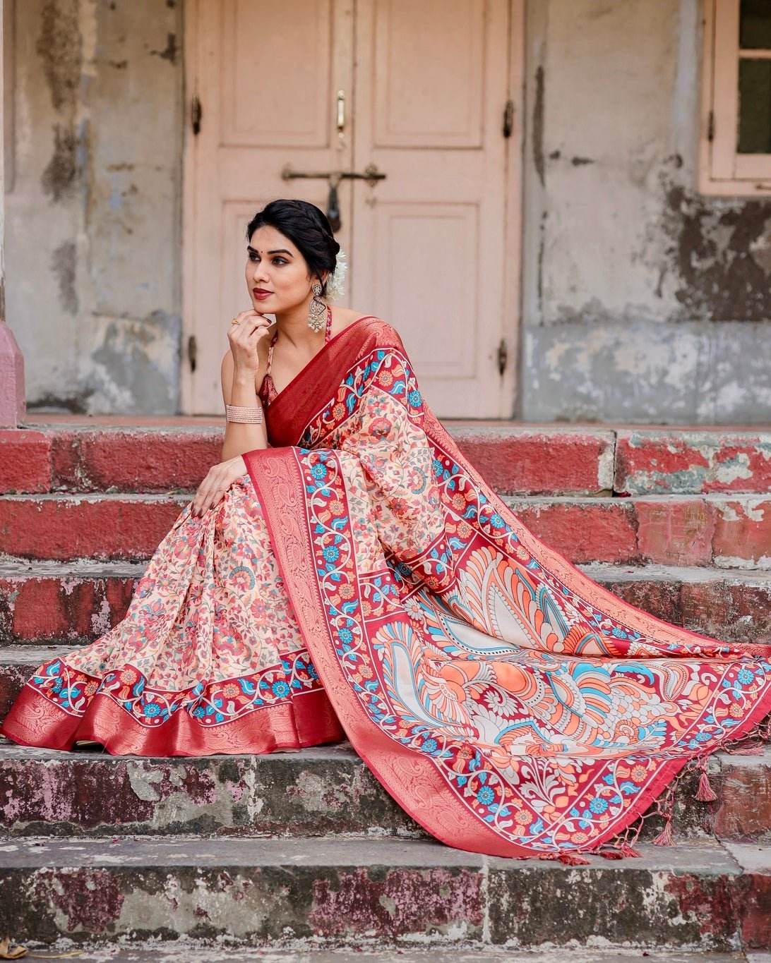 Beige and Coral Tussar Silk Saree with Intricate Floral Prints and Artistic Pallu - SEEANS