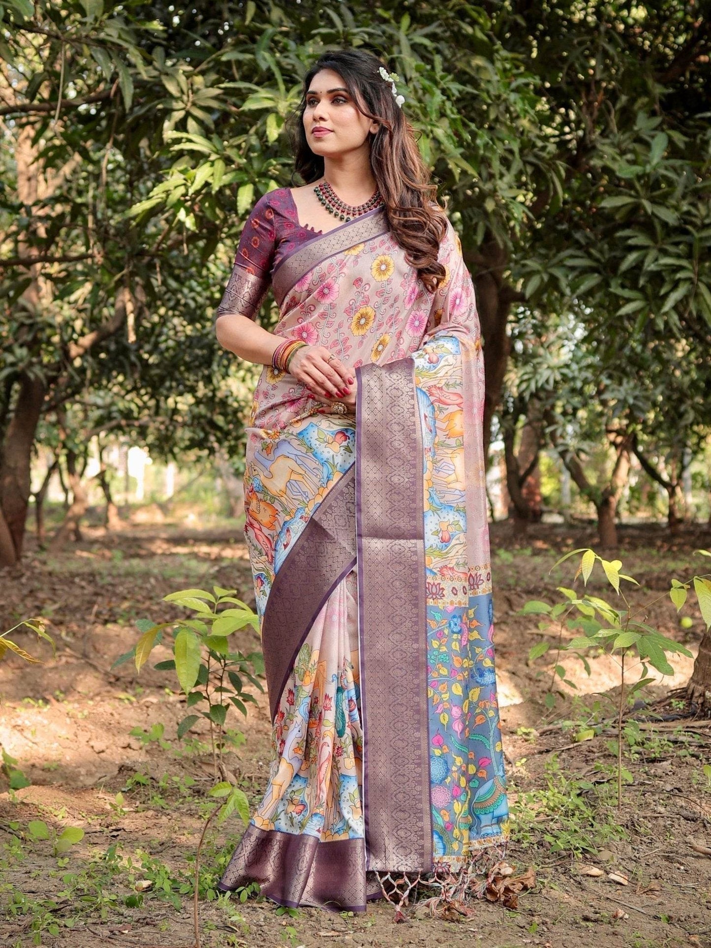 Pastel Beige Tussar Silk Saree with Vibrant Floral Motifs and Zari Border - SEEANS