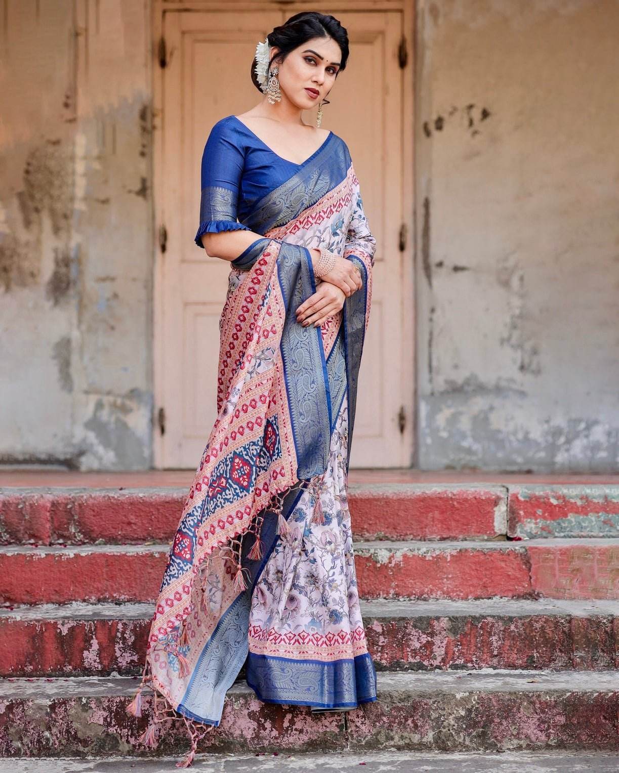 Ivory and Navy Blue Tussar Silk Saree with Floral Elegance and Ornamental Zari Work - SEEANS