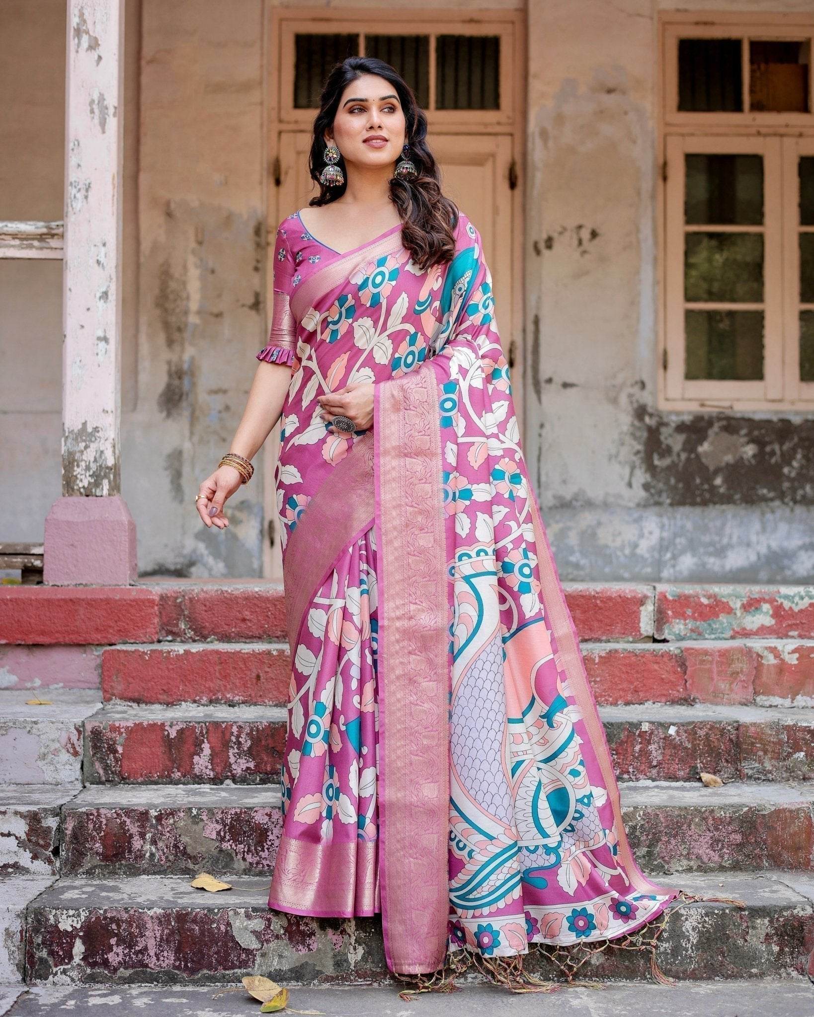 Blush Pink Tussar Silk Saree with Elegant Peacock and Floral Kalamkari Design - SEEANS