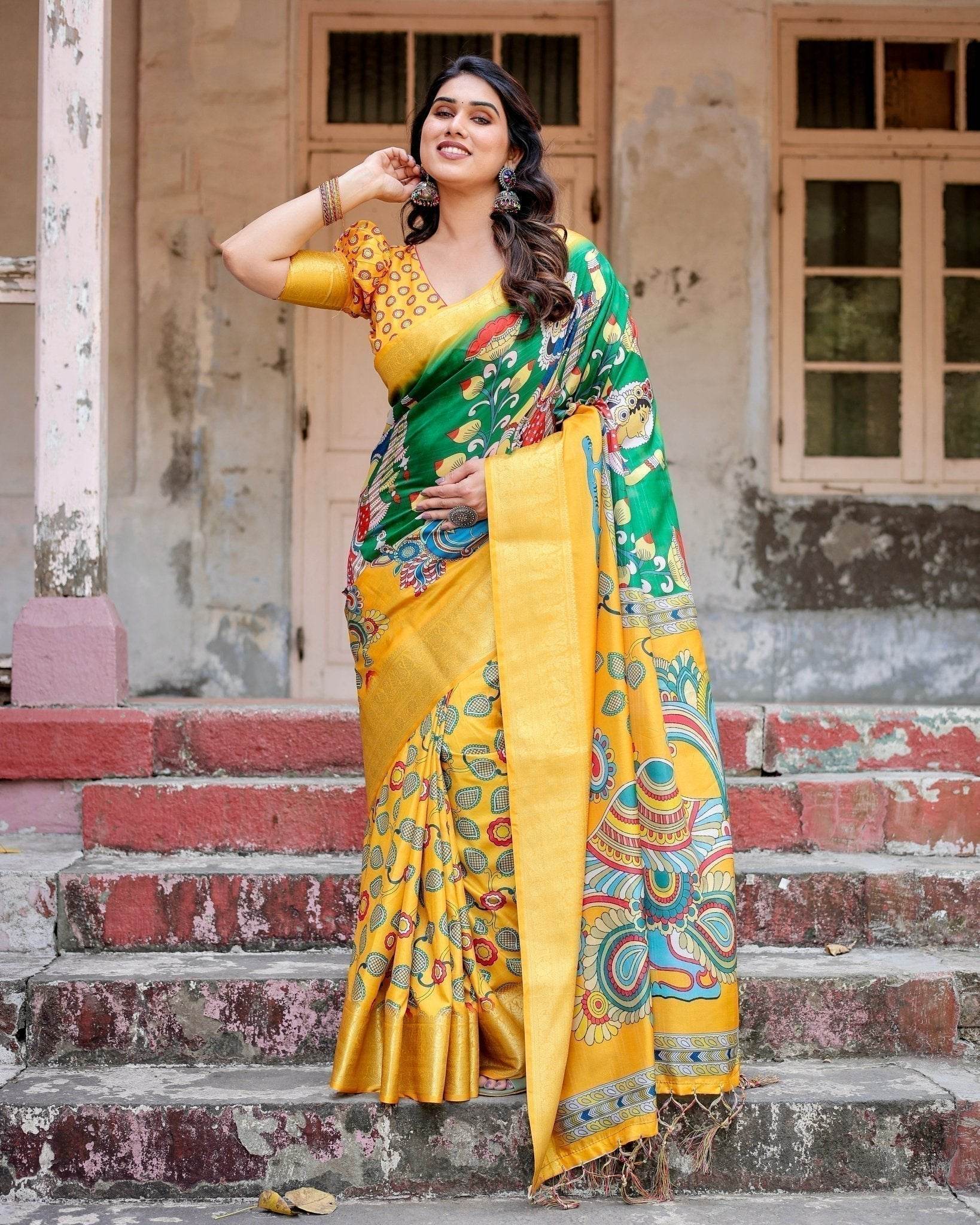 Golden Yellow Tussar Silk Saree with Vibrant Peacock Kalamkari Motifs - SEEANS