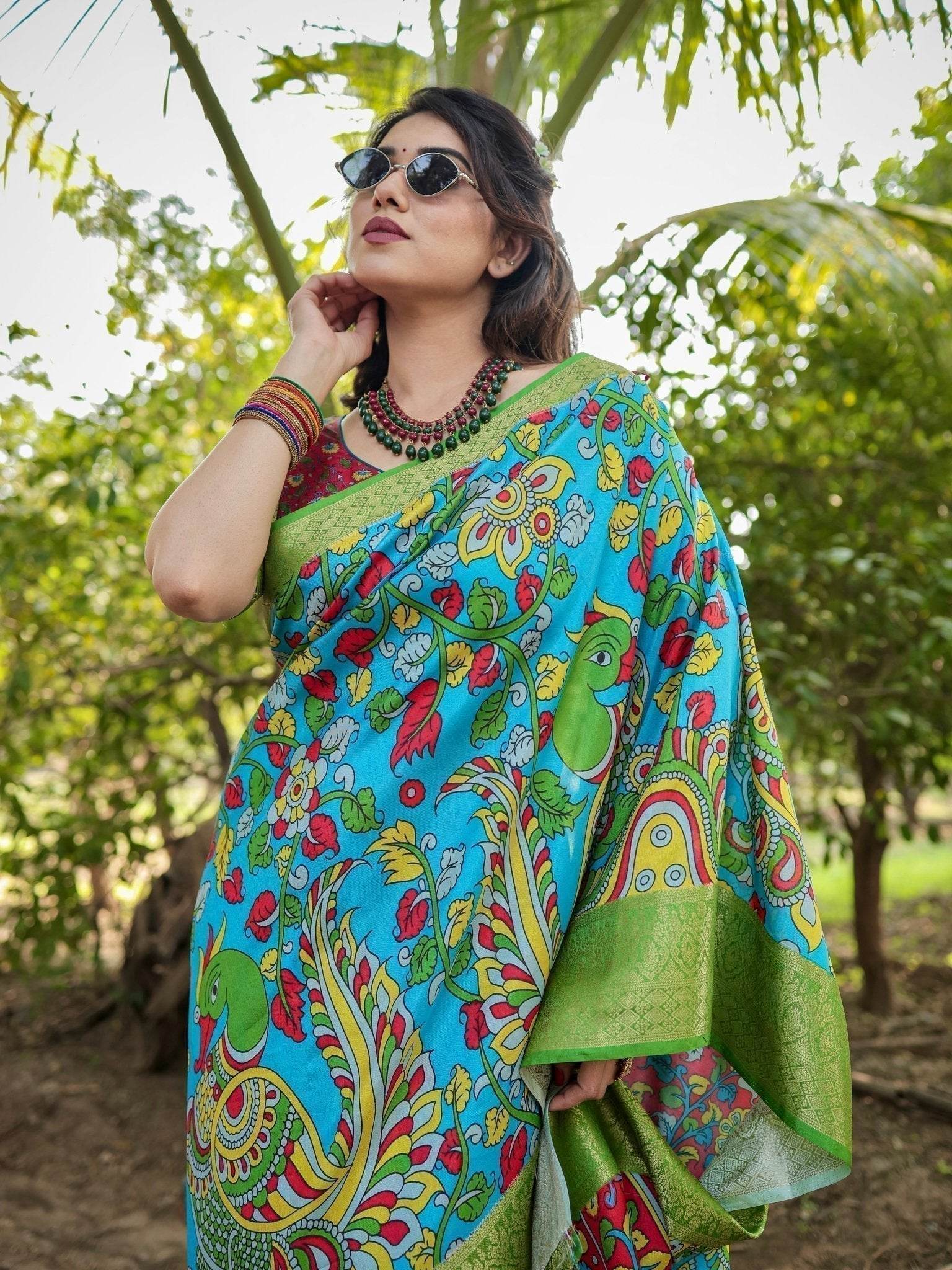 Vibrant Peacock Motif Blue and Green Tussar Silk Saree with Zari Border - SEEANS