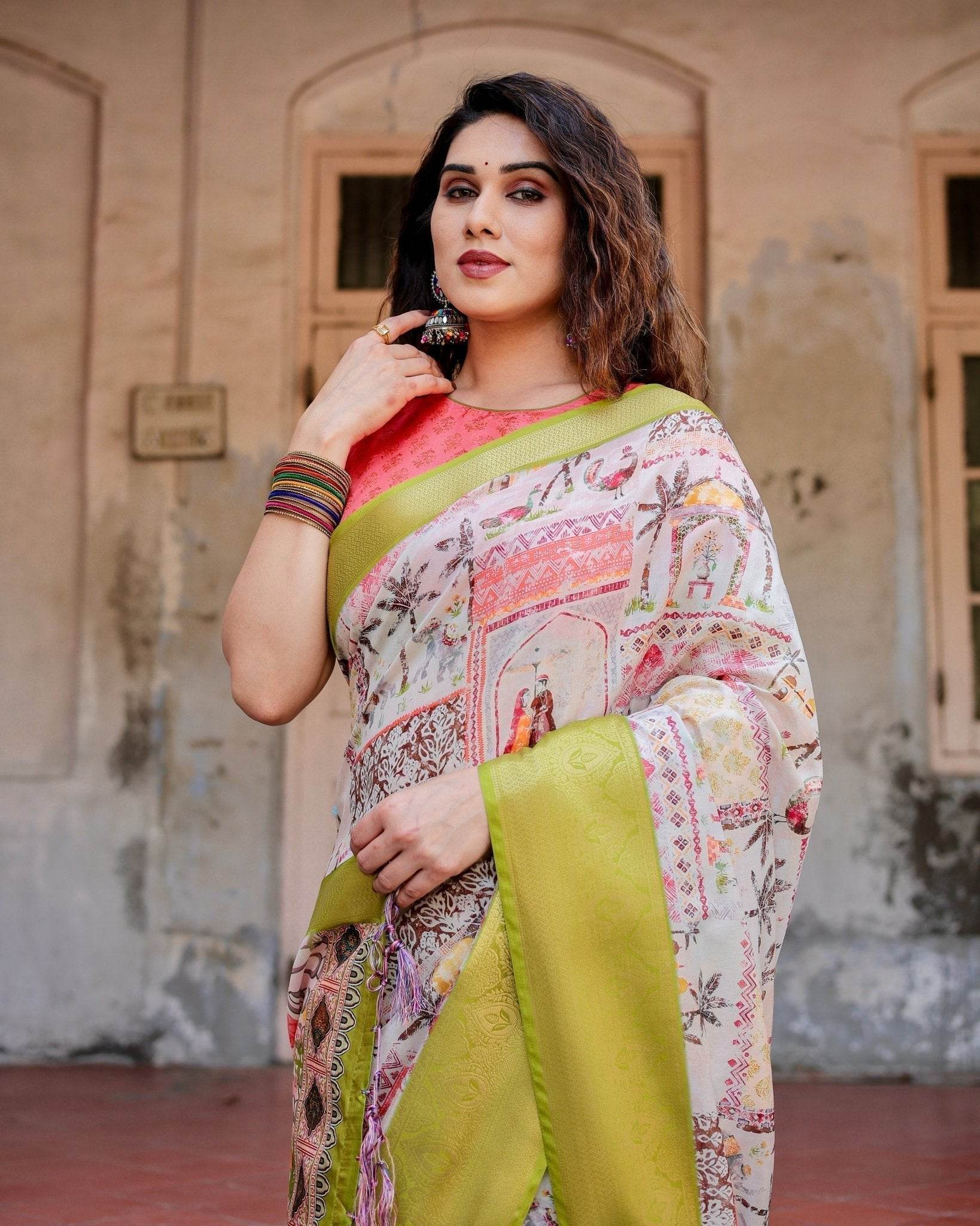 Pastel Tussar Silk Saree with Lime Green Zari Border and Hand-Painted Heritage Designs - SEEANS