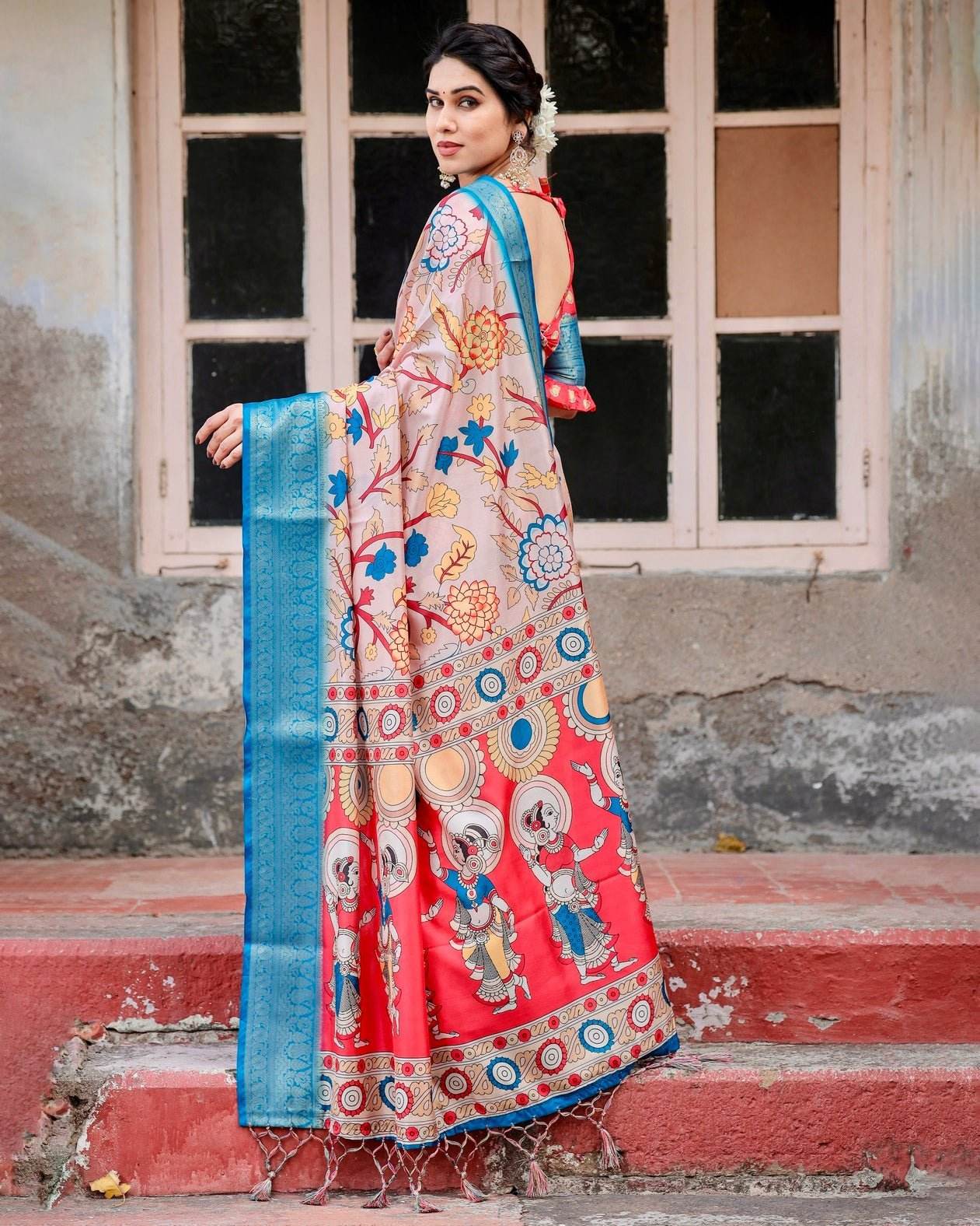 Beige and Red Tussar Silk Saree with Divine Motifs and Floral Zari Border - SEEANS