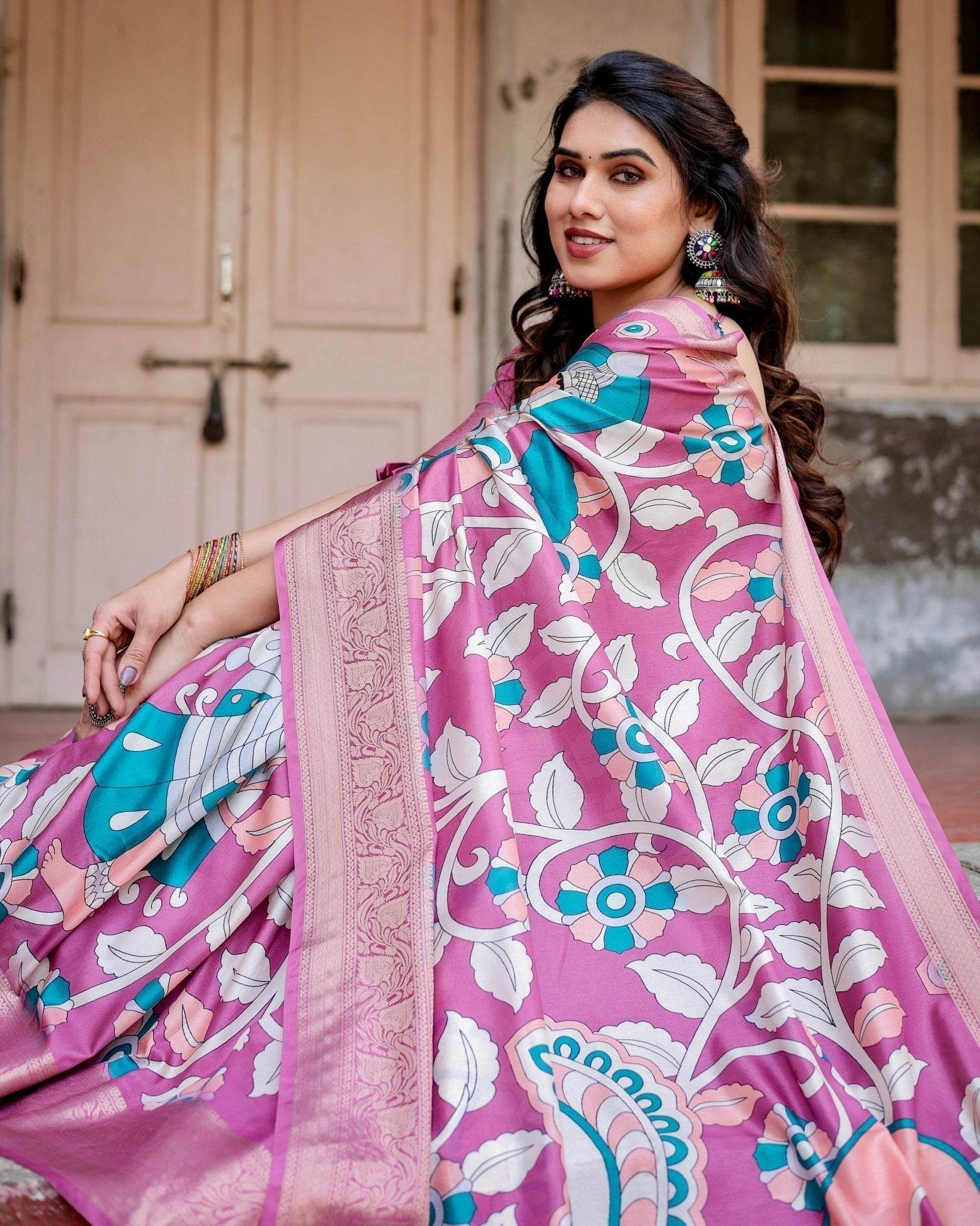 Blush Pink Tussar Silk Saree with Elegant Peacock and Floral Kalamkari Design - SEEANS