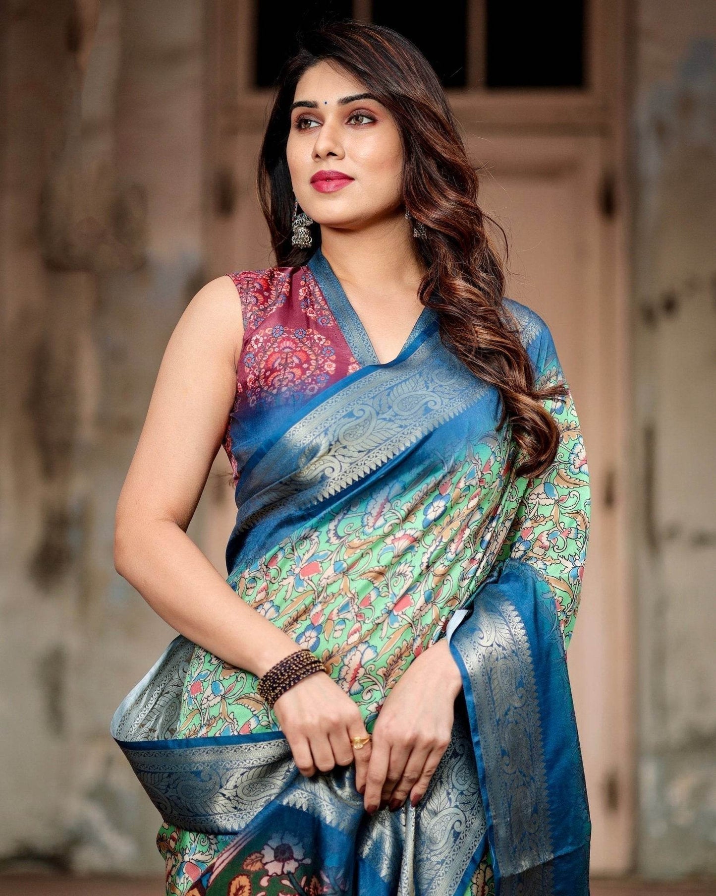 Majestic Blue and Green Digital Print Saree with Intricate Floral Motifs and Contrasting Pallu - SEEANS