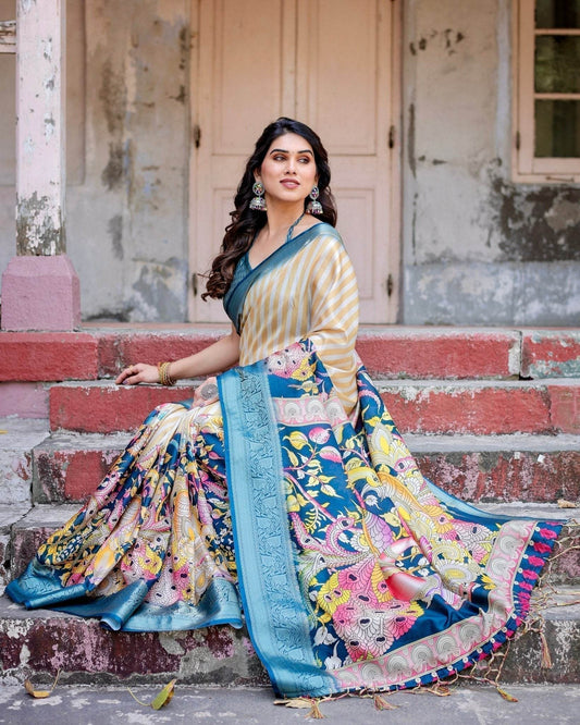 Beige & Teal Tussar Silk Saree with Intricate Kalamkari and Zari Border - SEEANS