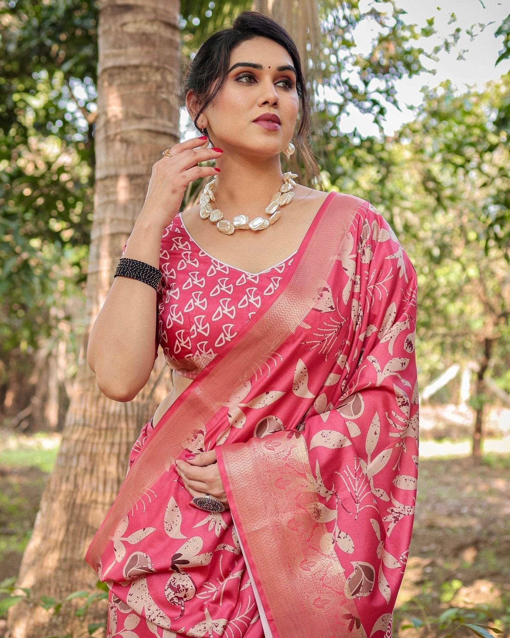 Vibrant Pink Tussar Silk Saree with Intricate Zari Border and Modern Floral Pallu - SEEANS