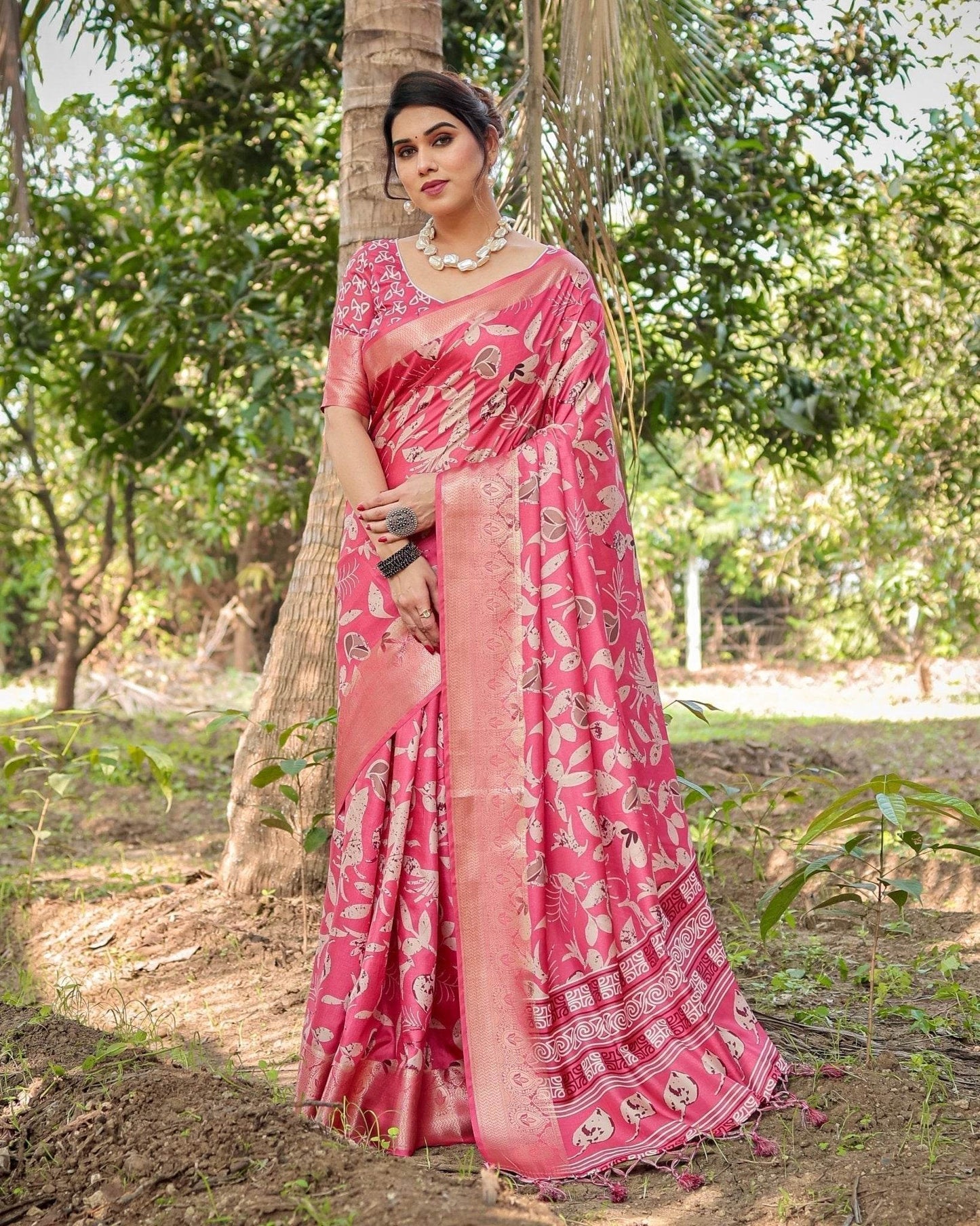 Vibrant Pink Tussar Silk Saree with Intricate Zari Border and Modern Floral Pallu - SEEANS