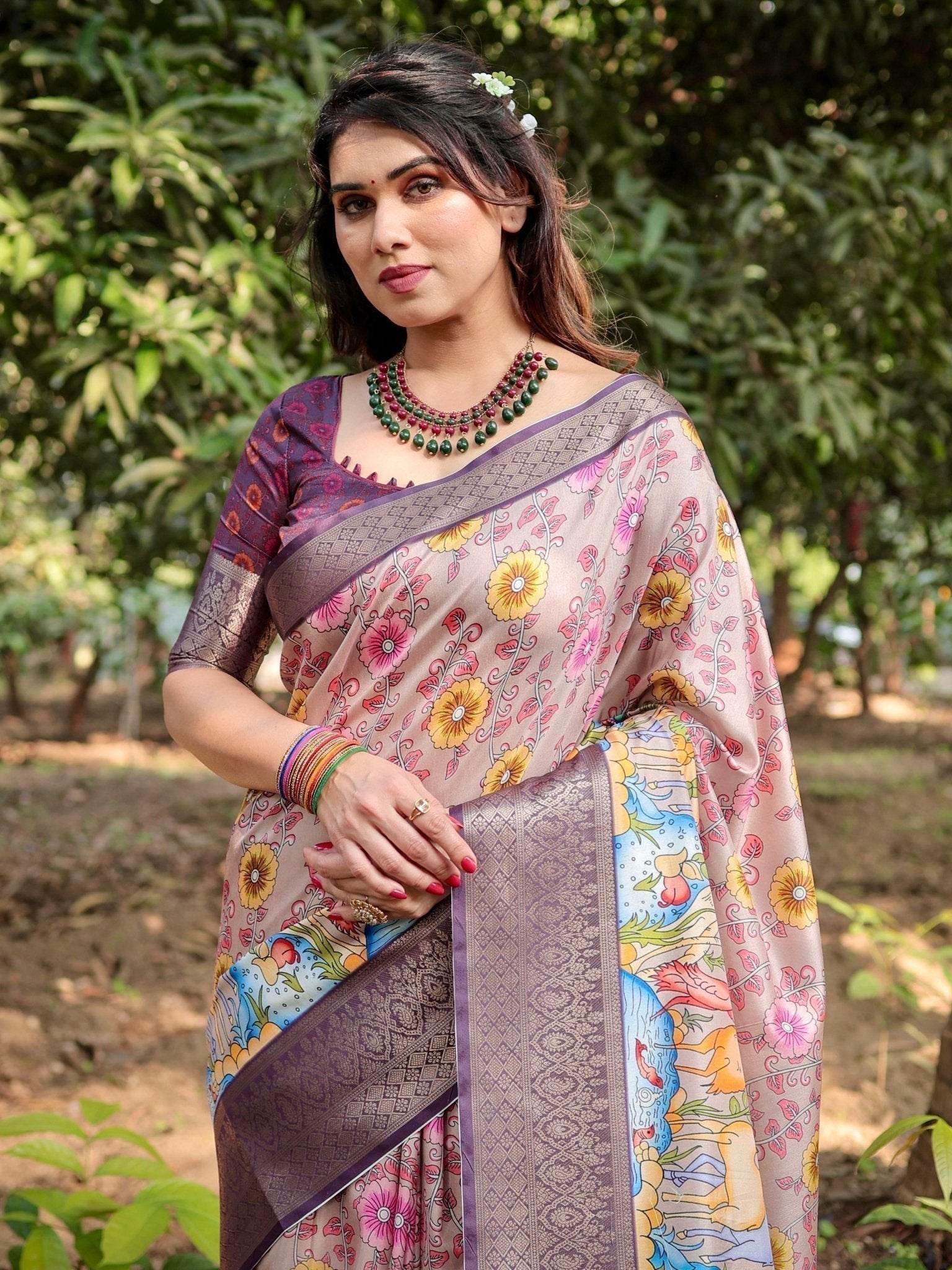 Pastel Beige Tussar Silk Saree with Vibrant Floral Motifs and Zari Border - SEEANS