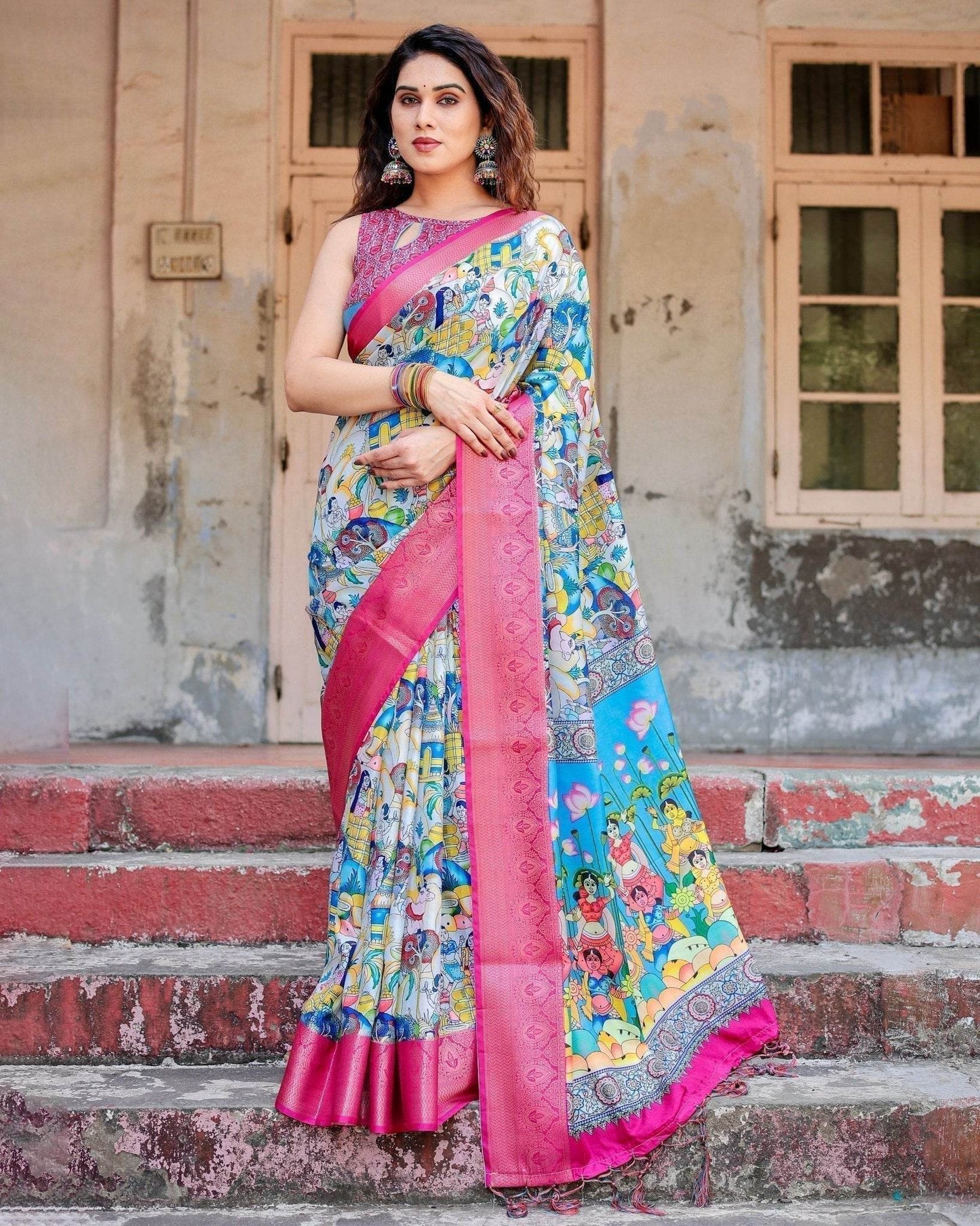 Vibrant Multicolor Digital Printed Tussar Silk Saree with Pink Zari Border - SEEANS