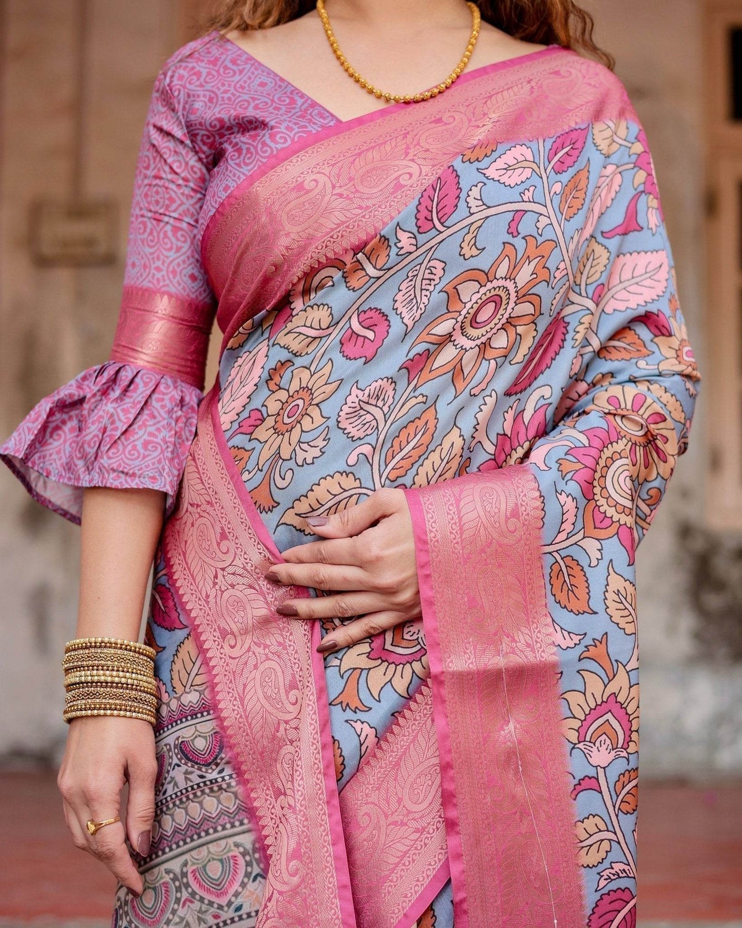 Graceful Grey Tussar Silk Saree with Pink Zari Border and Intricate Floral Motifs - SEEANS