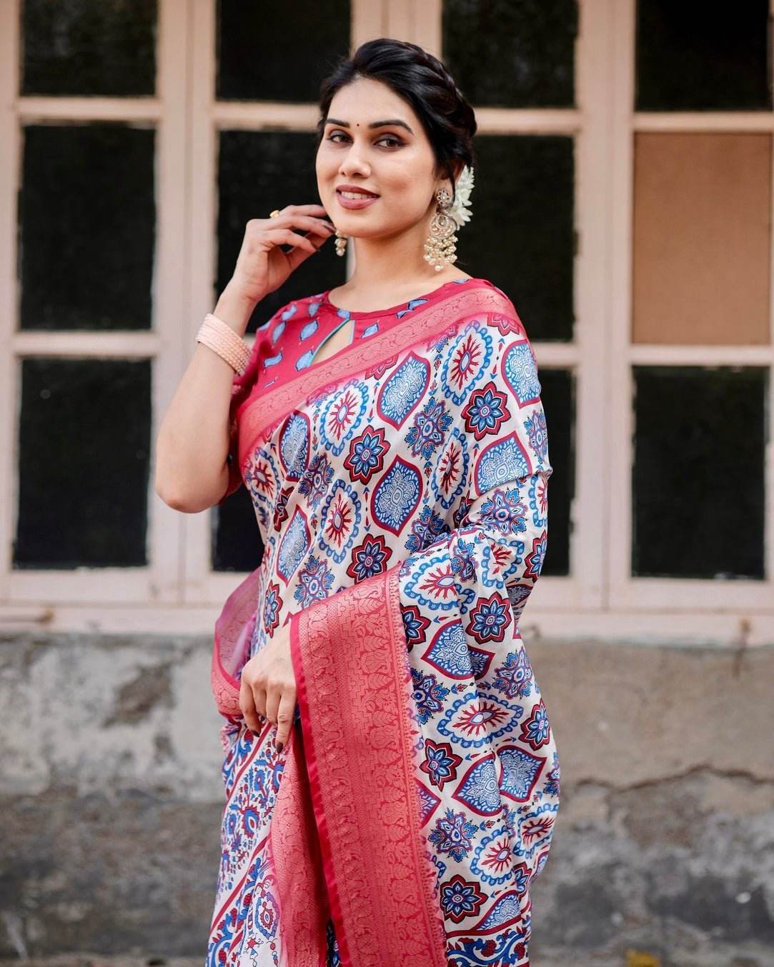 White and Red Tussar Silk Saree with Vibrant Floral Geometric Motifs and Ornamental Zari Border - SEEANS