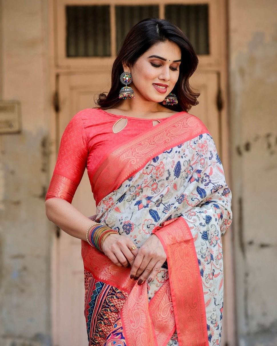 Ivory Tussar Silk Saree with Coral Zari Border and Intricate Floral Motifs - SEEANS