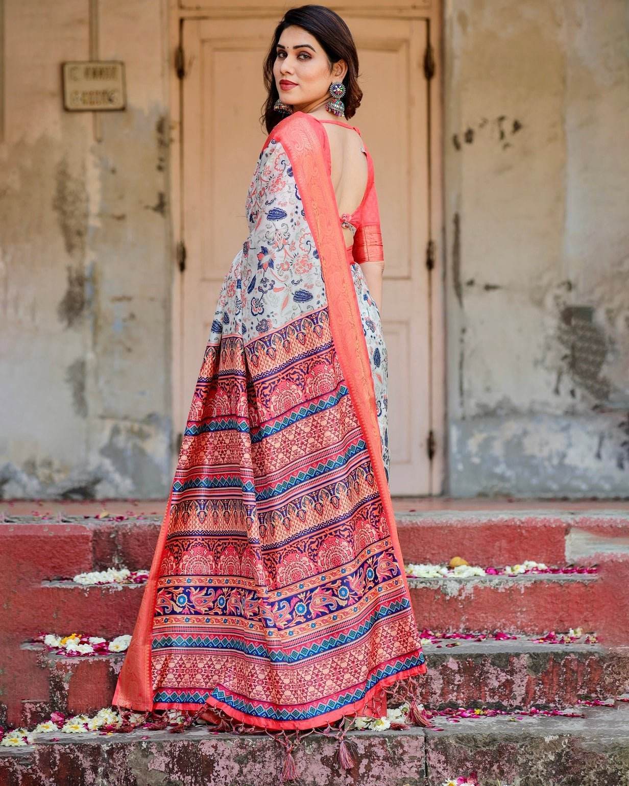 Ivory Tussar Silk Saree with Coral Zari Border and Intricate Floral Motifs - SEEANS