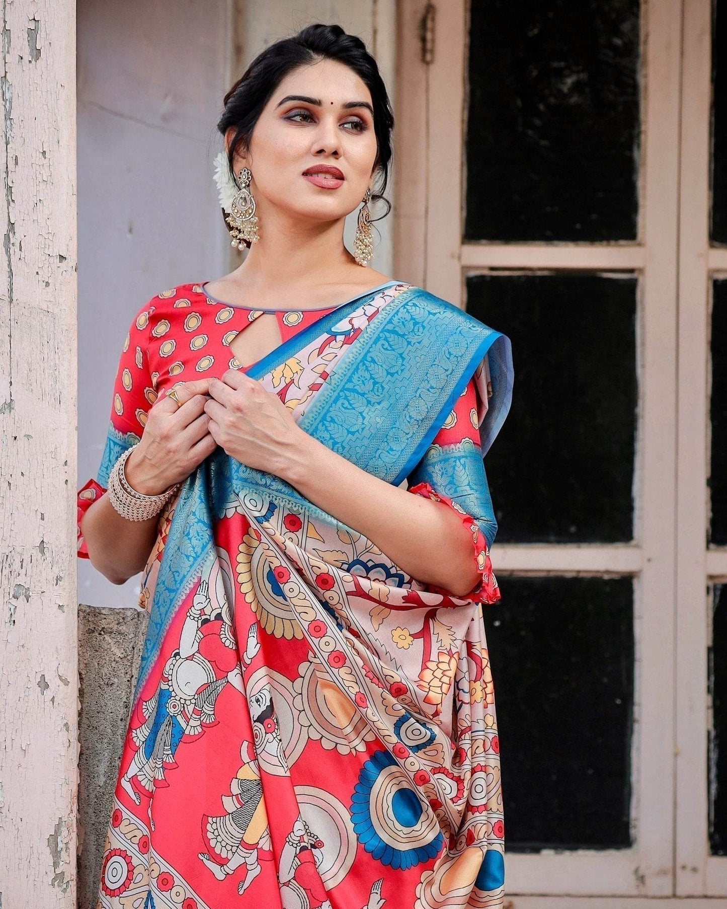 Beige and Red Tussar Silk Saree with Divine Motifs and Floral Zari Border - SEEANS