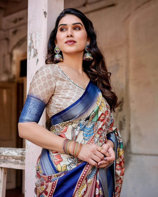 Multicolor Tussar Silk Saree with Artistic Floral Motifs and Traditional Blue Zari Border - SEEANS