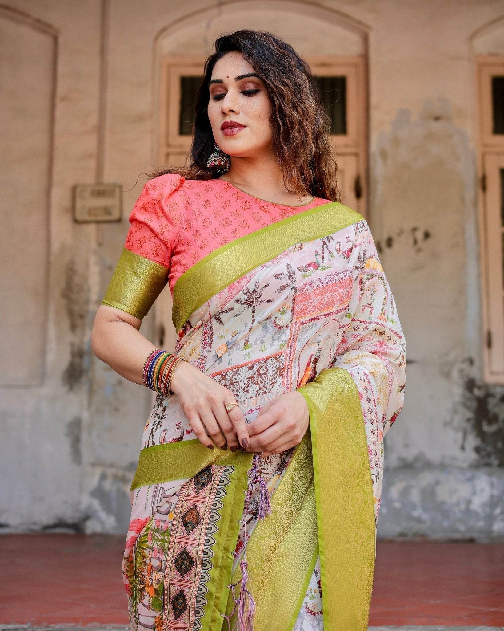 Pastel Tussar Silk Saree with Lime Green Zari Border and Hand-Painted Heritage Designs - SEEANS