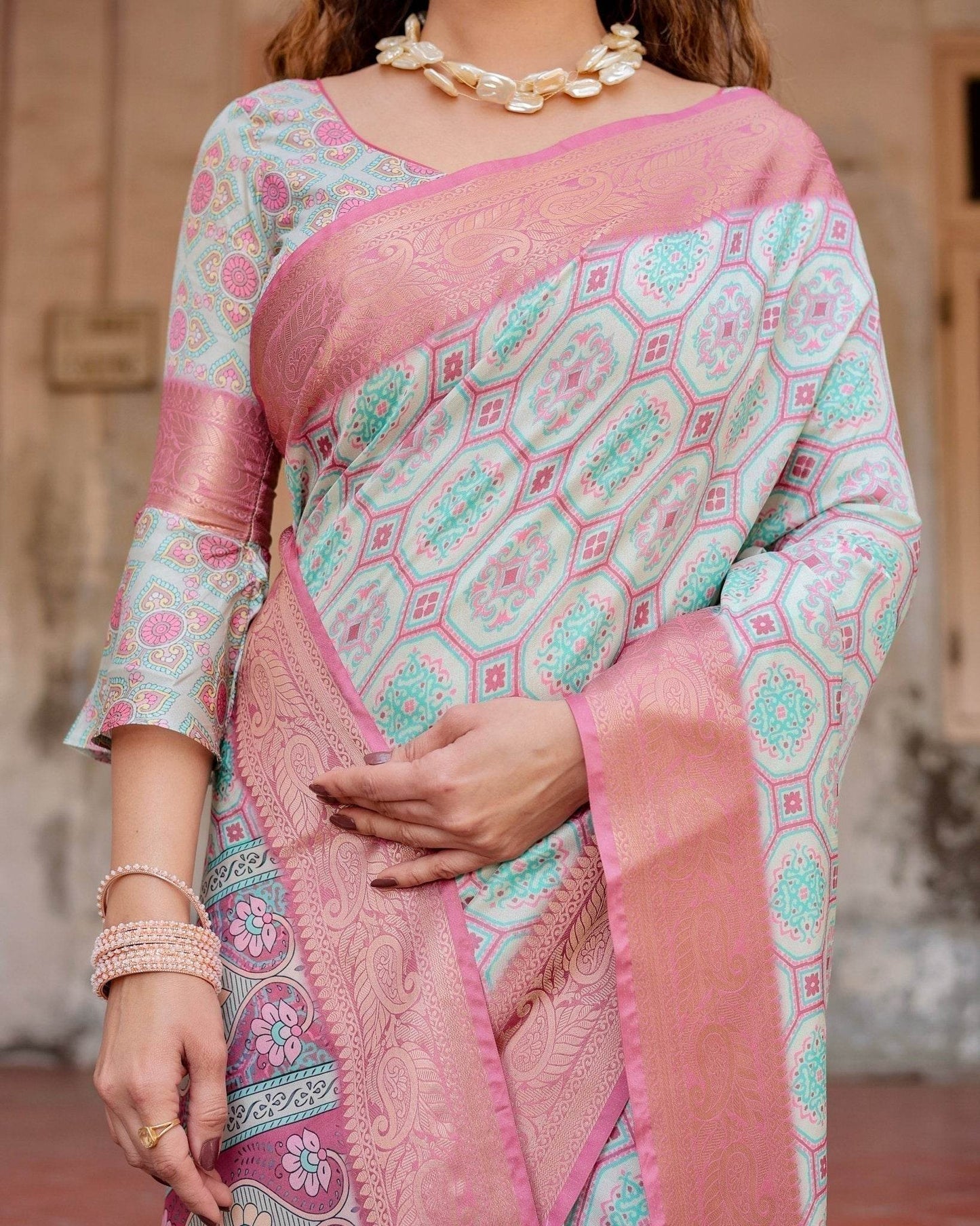 Pastel Pink and Mint Green Geometric Tussar Silk Saree with Zari Paisley Border - SEEANS