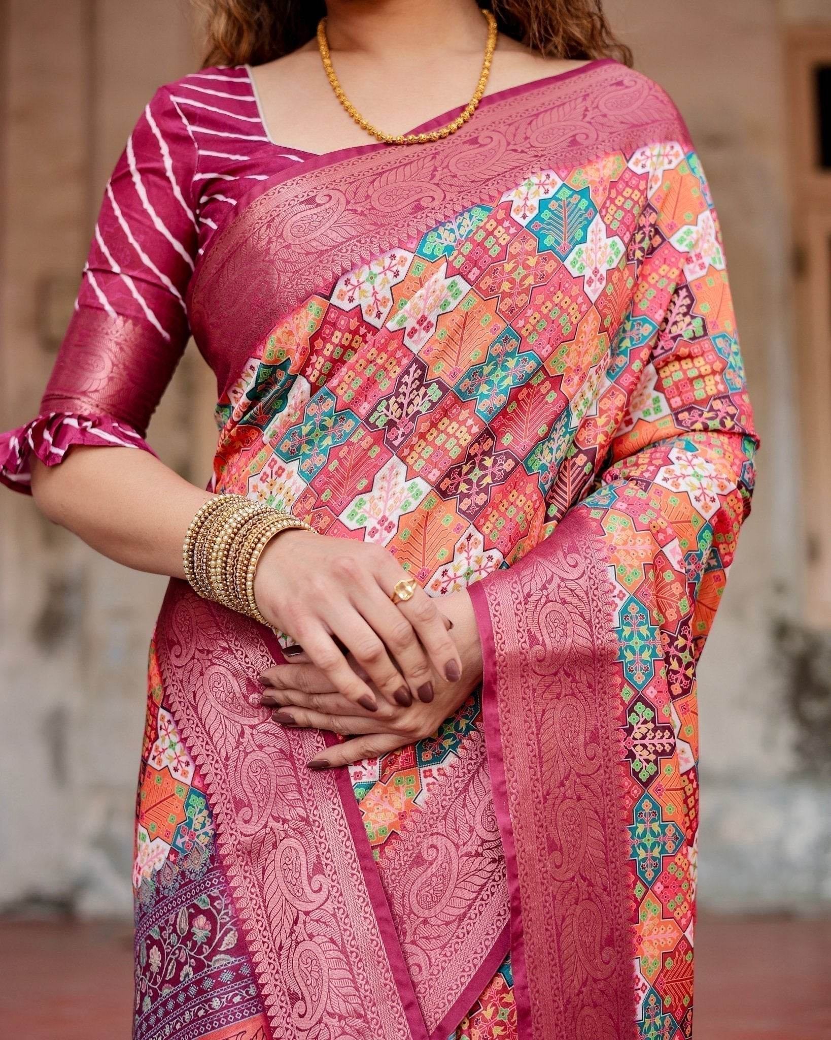 Maroon Tussar Silk Saree with Vibrant Geometric Tile Print and Zari Paisley Border - SEEANS