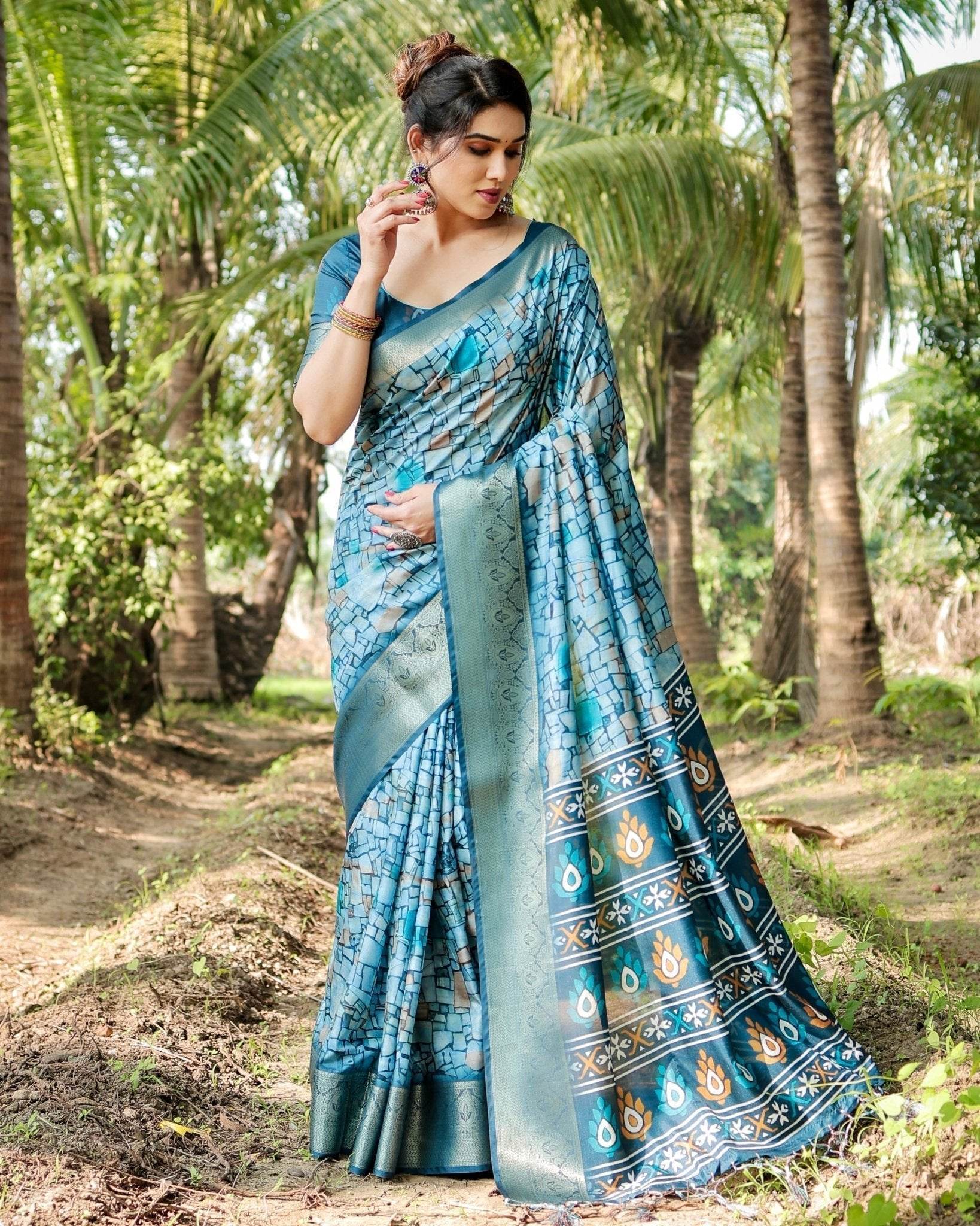 Mesmerizing Blue Tussar Silk Saree with Golden Zari Border and Mosaic-Inspired Pallu Design - SEEANS