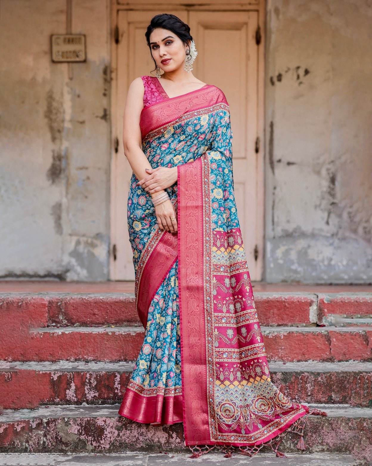 Teal Blue and Coral Tussar Silk Saree with Vibrant Floral Motifs and Ornamental Pallu - SEEANS