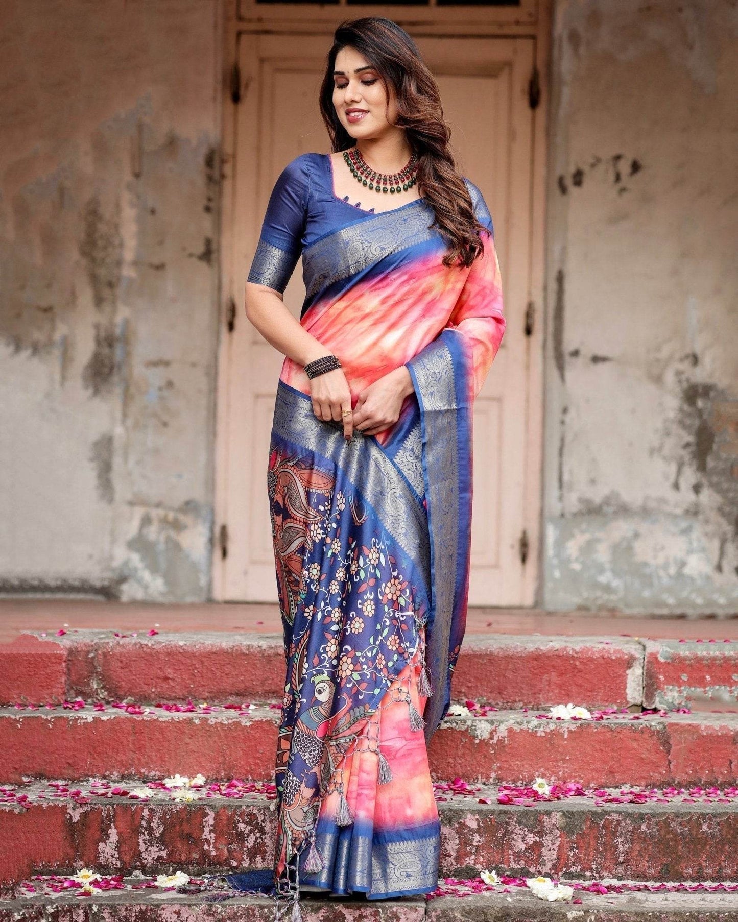 Pink and Blue Digital Printed Saree with Peacock Motif and Tassel Detail - SEEANS